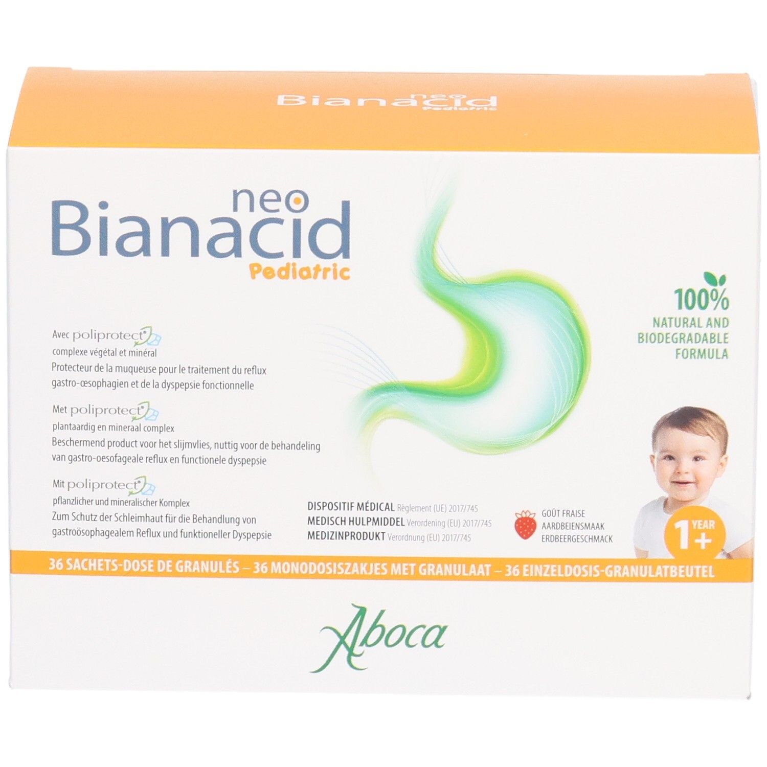 Boîte Neo Bianacid Pediatric. Nom du produit, illustration d'un estomac et d'un bébé. 36 sachets.