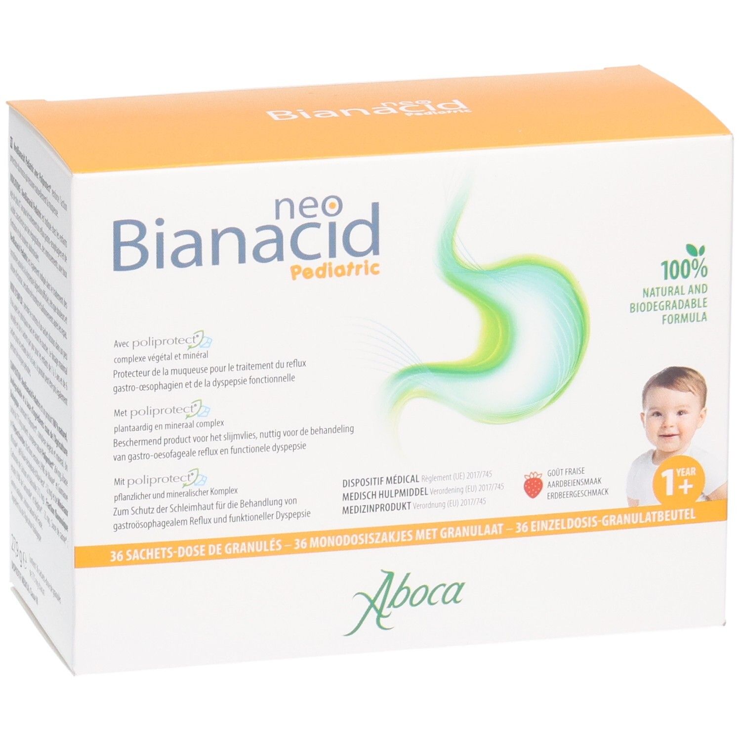 Boîte Neo Bianacid Pediatric. Nom du produit, illustration d'un estomac et d'un bébé. 36 sachets.