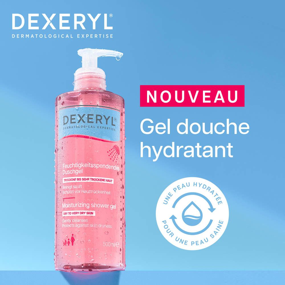 Arrière du gel douche Dexeryl avec ingrédients et code-barres.