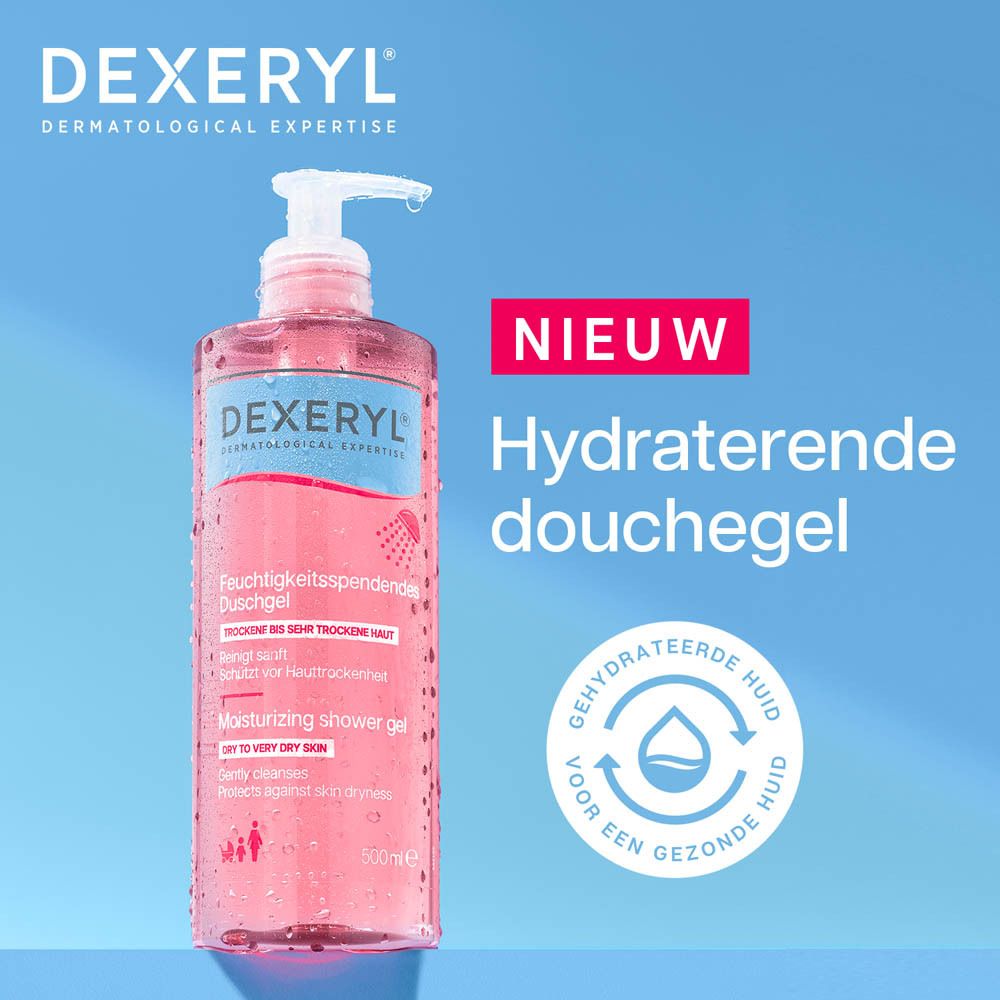 Achterkant van de Dexeryl douchegel met ingrediënten en barcode.