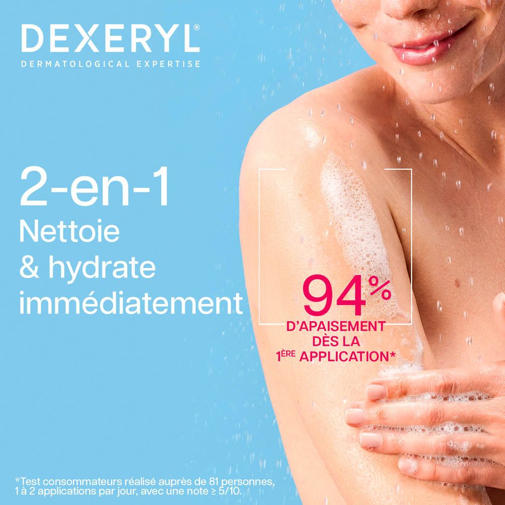 Arrière du gel douche Dexeryl avec instructions et certifications.