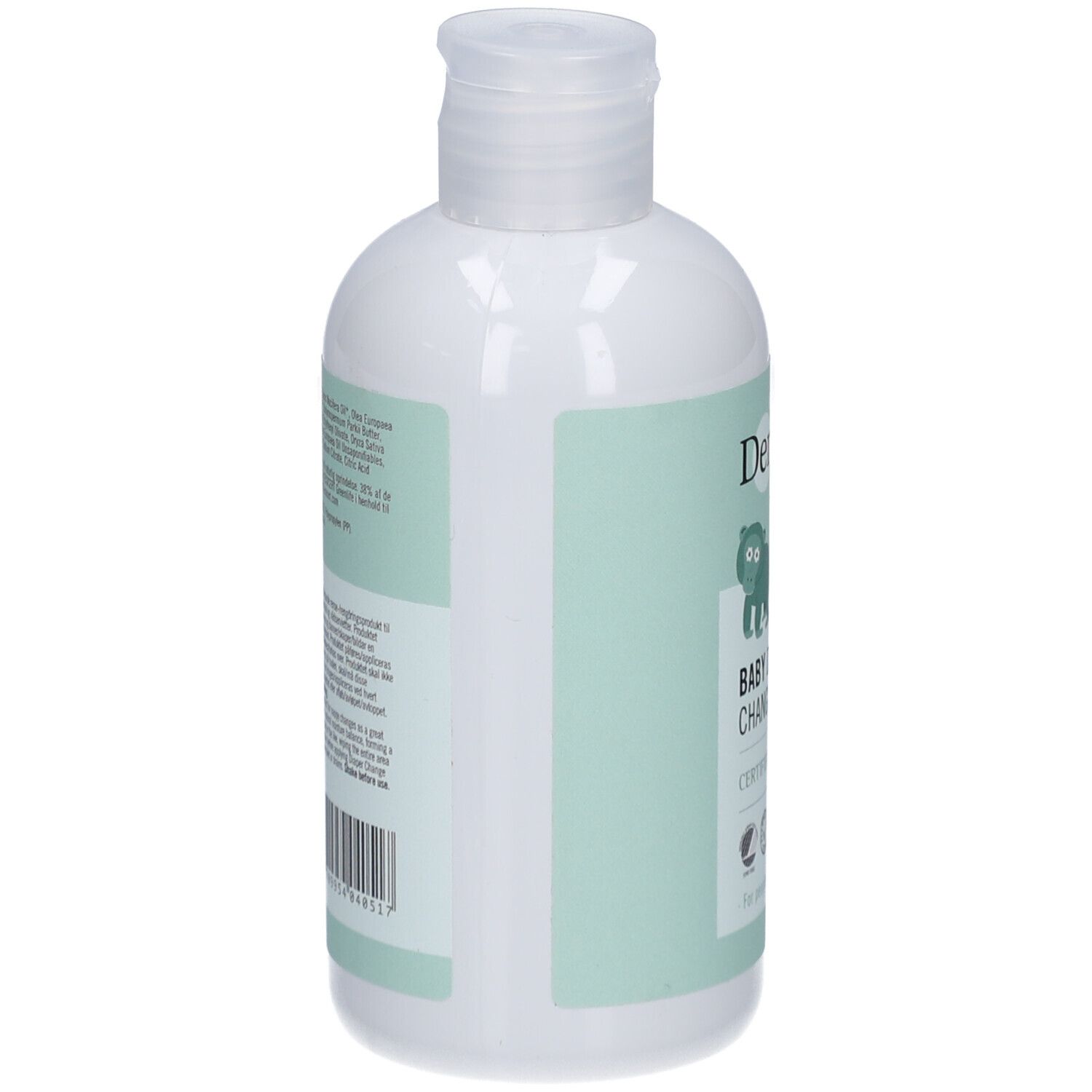 Flacon blanc, vue latérale. Étiquette verte avec code-barres et texte. Derma Baby Diaper Change Lotion.