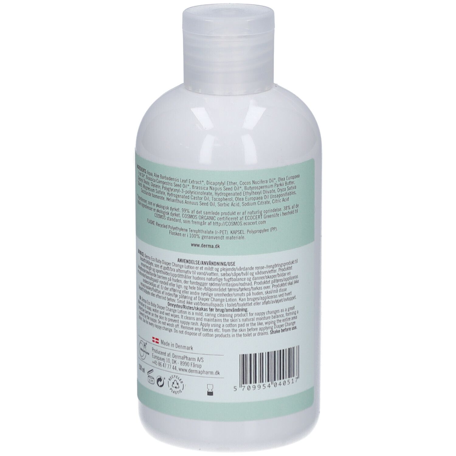 Dos du flacon blanc. Étiquette verte avec texte et ingrédients. Derma Baby Diaper Change Lotion.