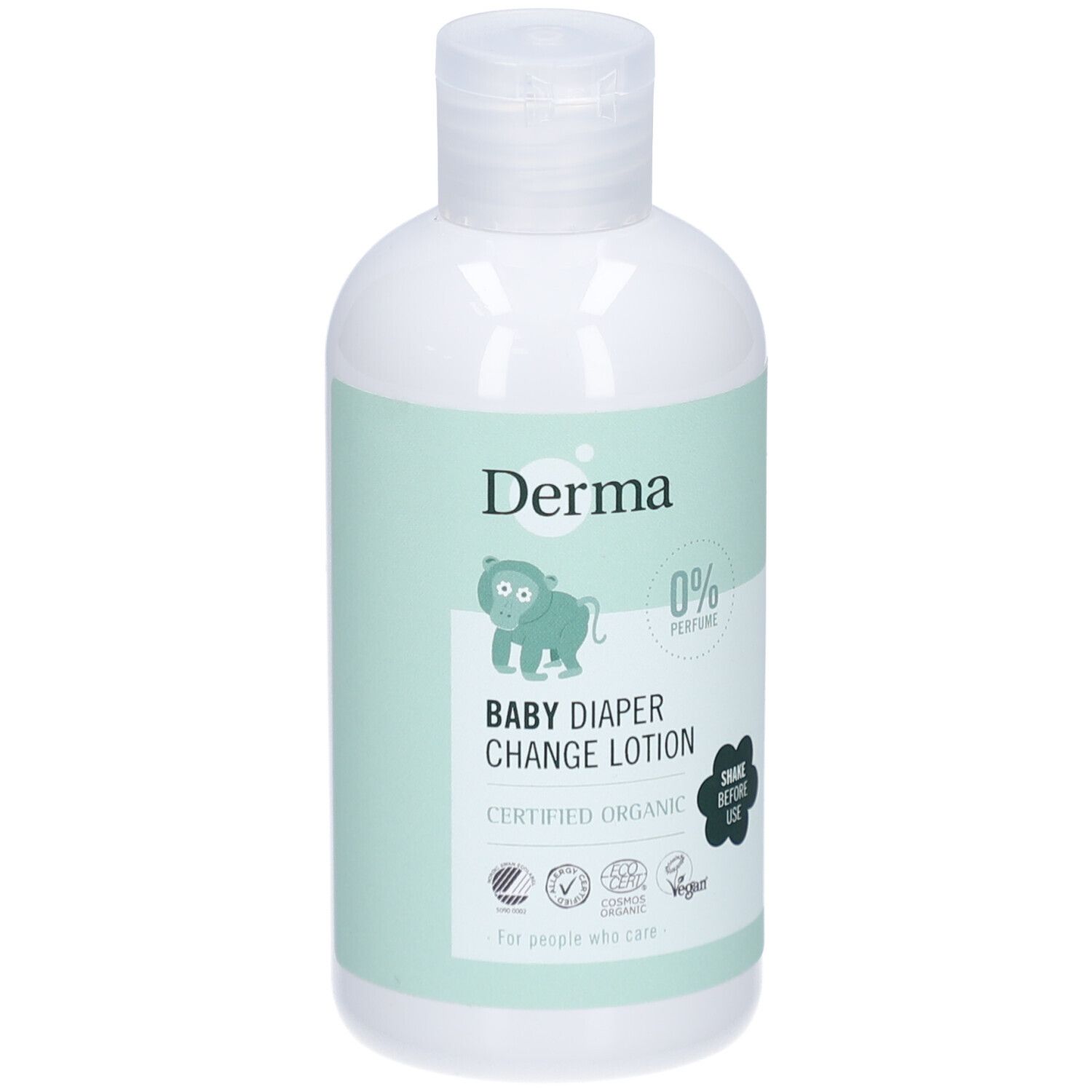 Flacon blanc avec étiquette verte. Inscription: Derma, Baby Diaper Change Lotion, 0% Parfum, Certifié Bio.