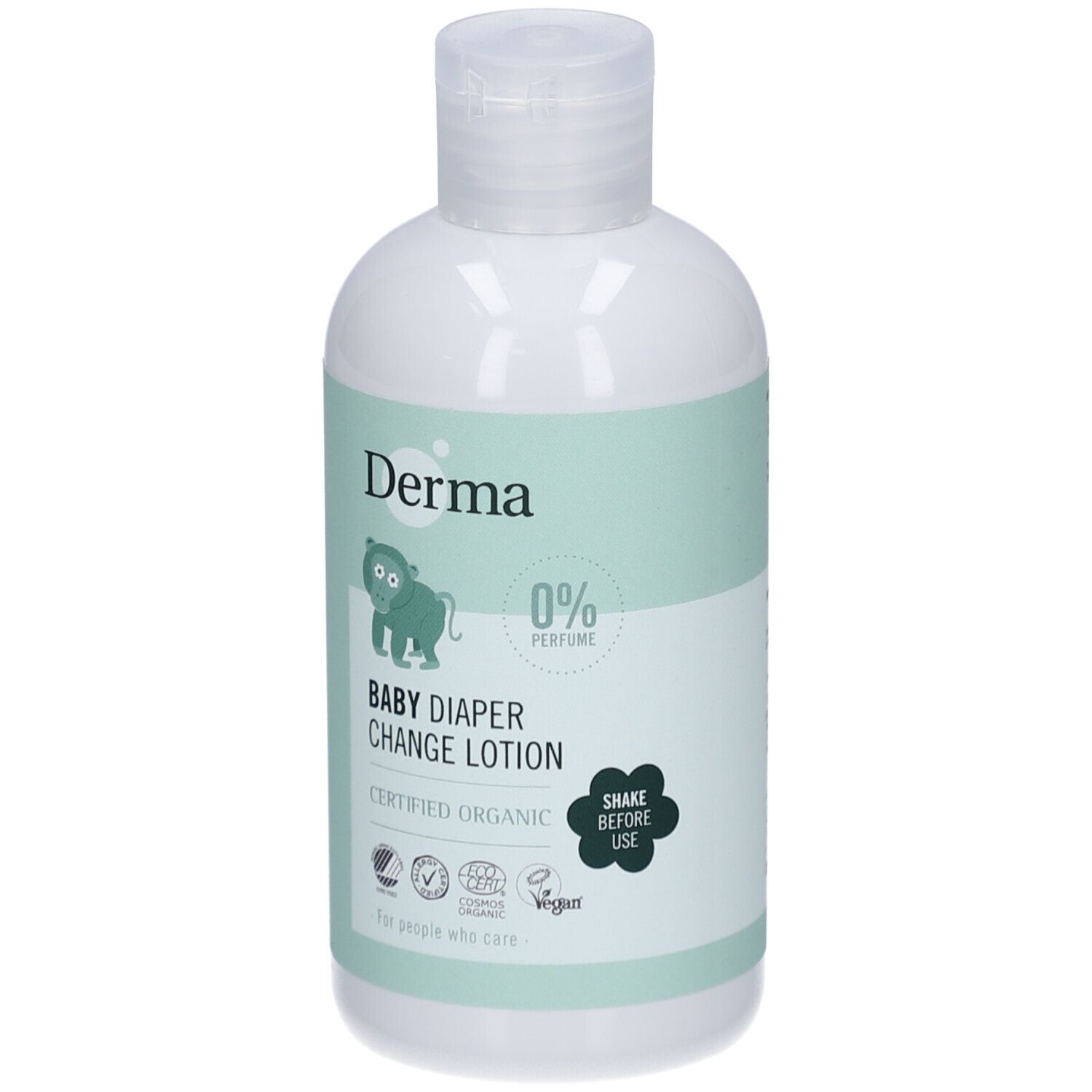 Flacon blanc avec étiquette verte. Inscription: Derma, Baby Diaper Change Lotion, 0% Parfum, Certifié Bio.