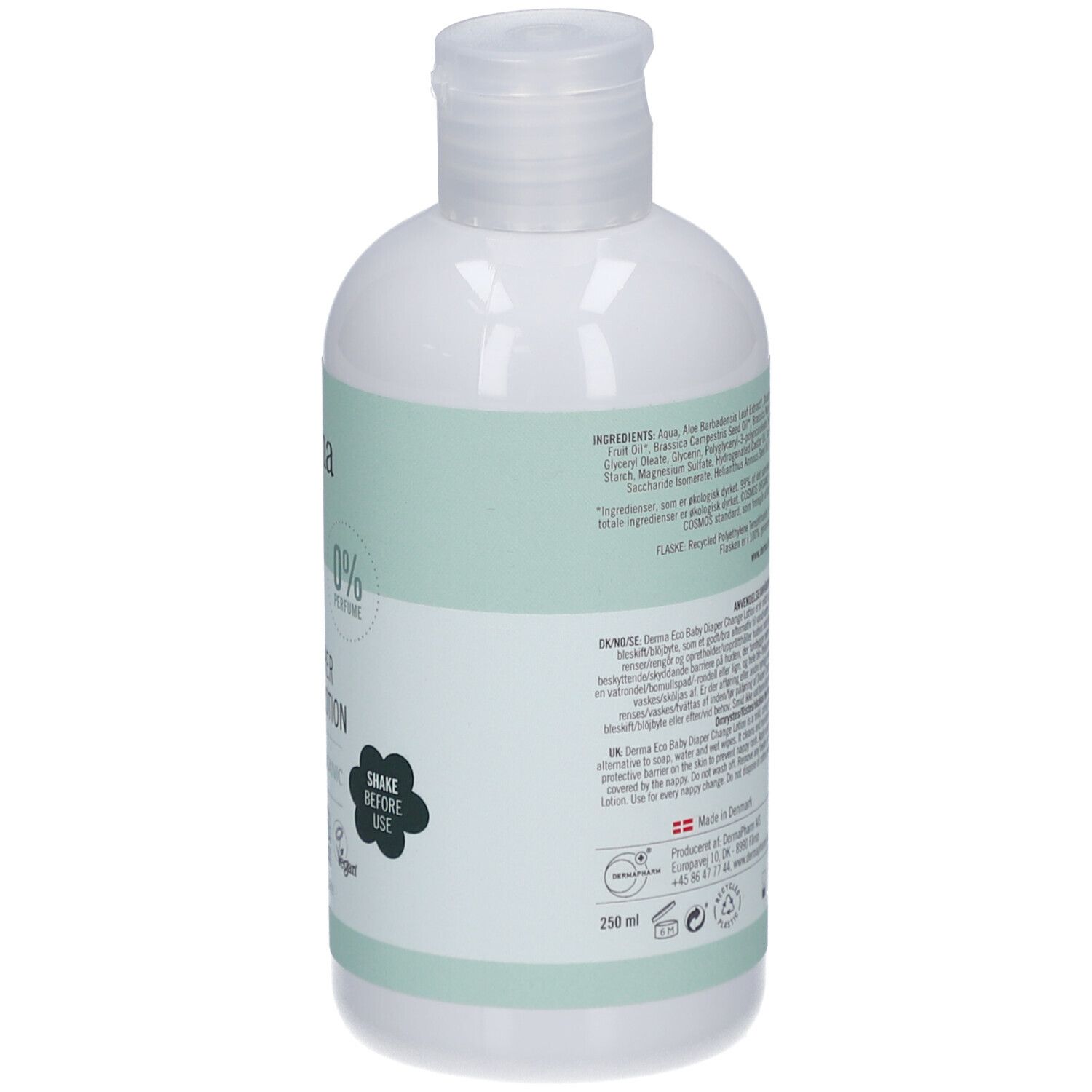 Dos du flacon blanc. Étiquette verte avec texte, ingrédients et volume: 250 ml. Derma.