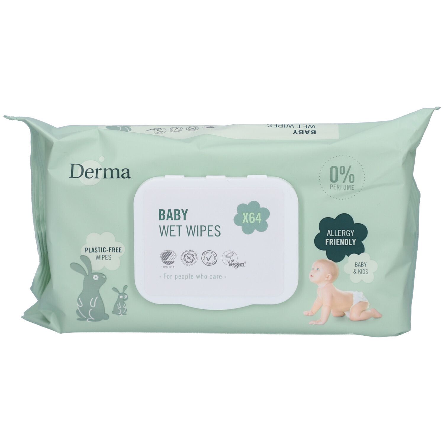 Lichtgroene verpakking met "Derma" logo. "Baby Wet Wipes" en "X64" op de voorkant. Illustraties van konijnen en een baby.