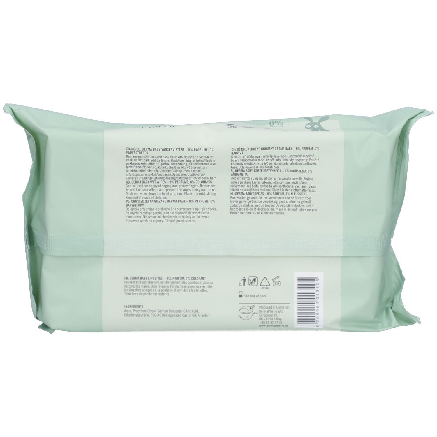 Achterkant van de lichtgroene verpakking. Tekst in meerdere talen. Bevat informatie over ingrediënten en gebruiksaanwijzingen.