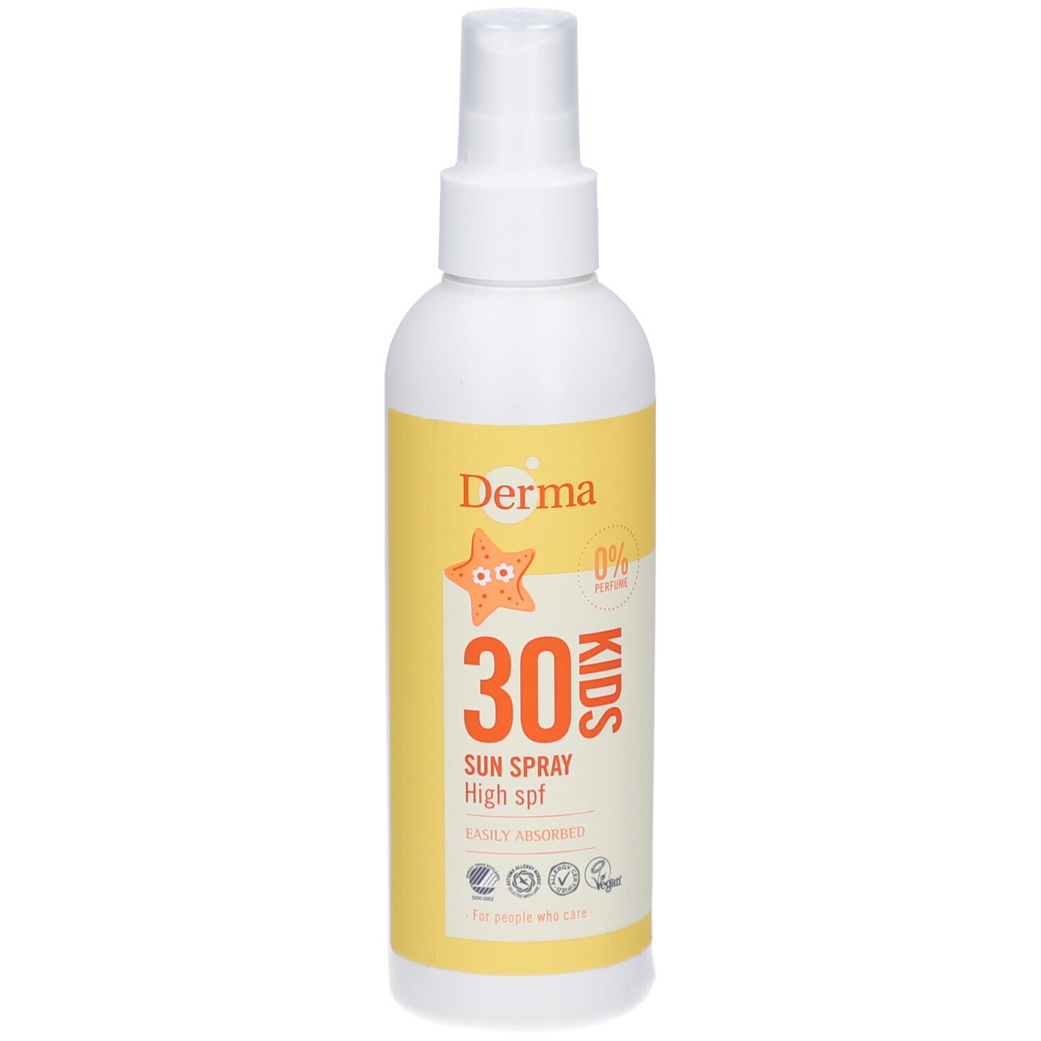 Witte sprayfles met geel etiket. Opschrift: Derma, 30, KIDS, Sun Spray High spf. Met ster-illustratie.
