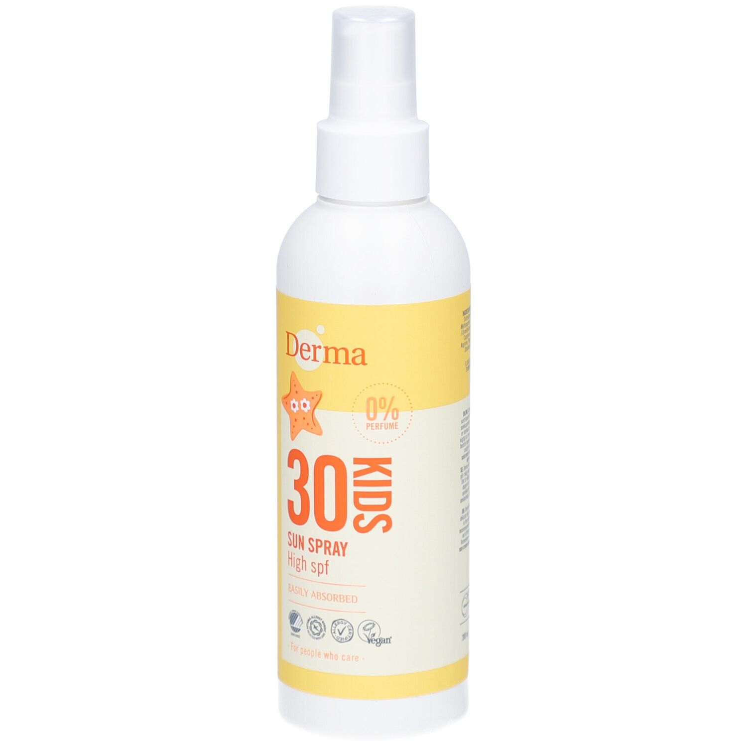 Witte sprayfles met geel etiket. Opschrift: Derma, 30, KIDS, Sun Spray High spf. Met ster-illustratie.