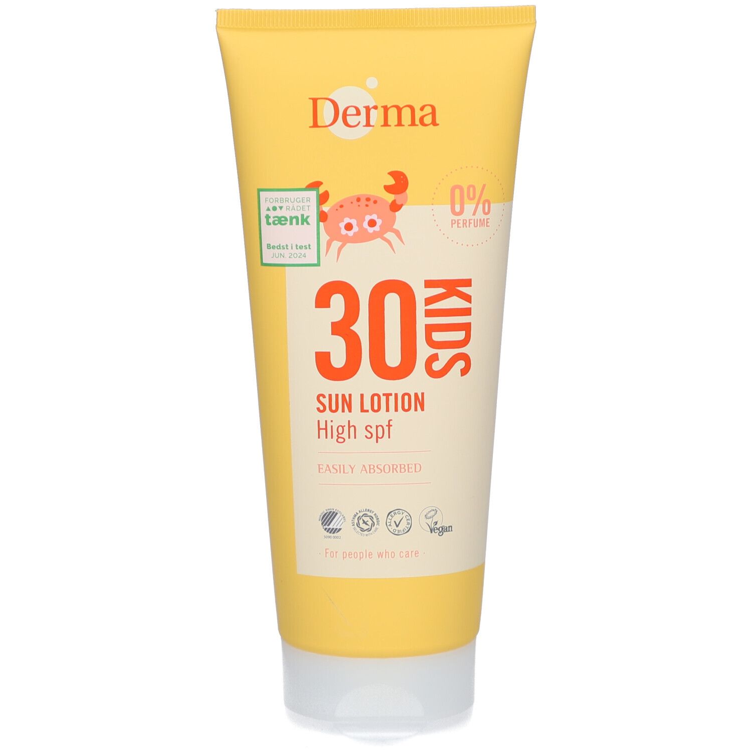 Gele tube Derma Kids Sun Lotion SPF30. Met krab-afbeelding en logo "0% perfume".