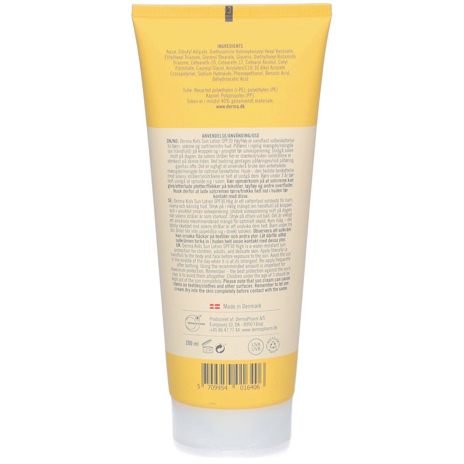 Achterkant van de Derma Kids Sun Lotion SPF30 tube. Bevat tekst met ingrediënten en instructies.