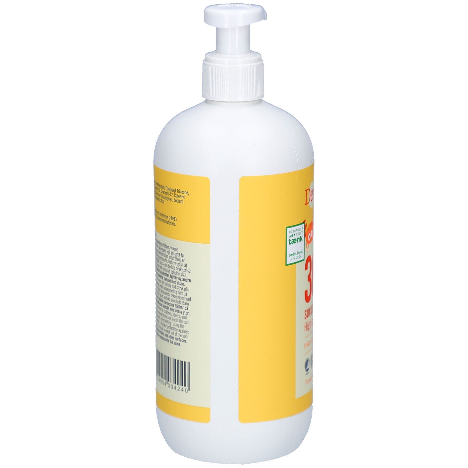 Witte fles met geel etiket. Tekst en barcode op de achterkant. Met dispenser.