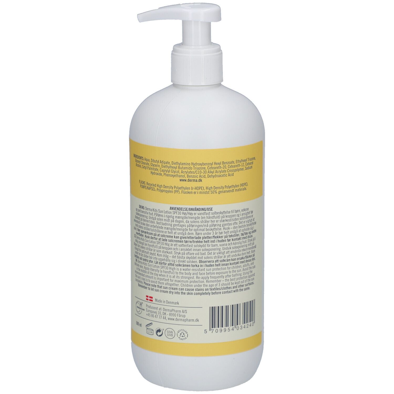 Witte fles met geel etiket. Tekst en barcode op de achterkant. Met dispenser.