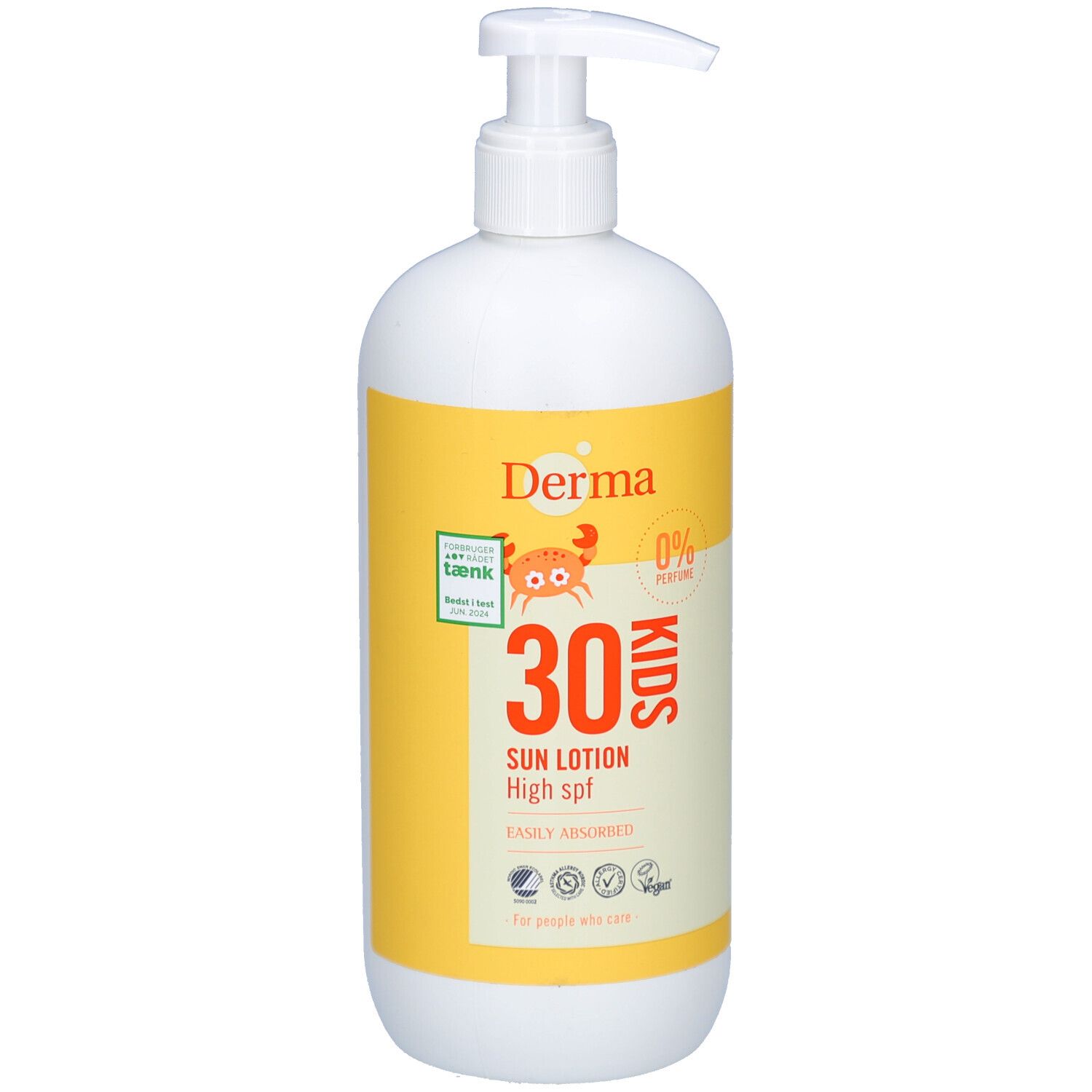 Witte fles met geel etiket. Opschrift: Derma, 30 KIDS SUN LOTION High spf. Met dispenser. Vegan.