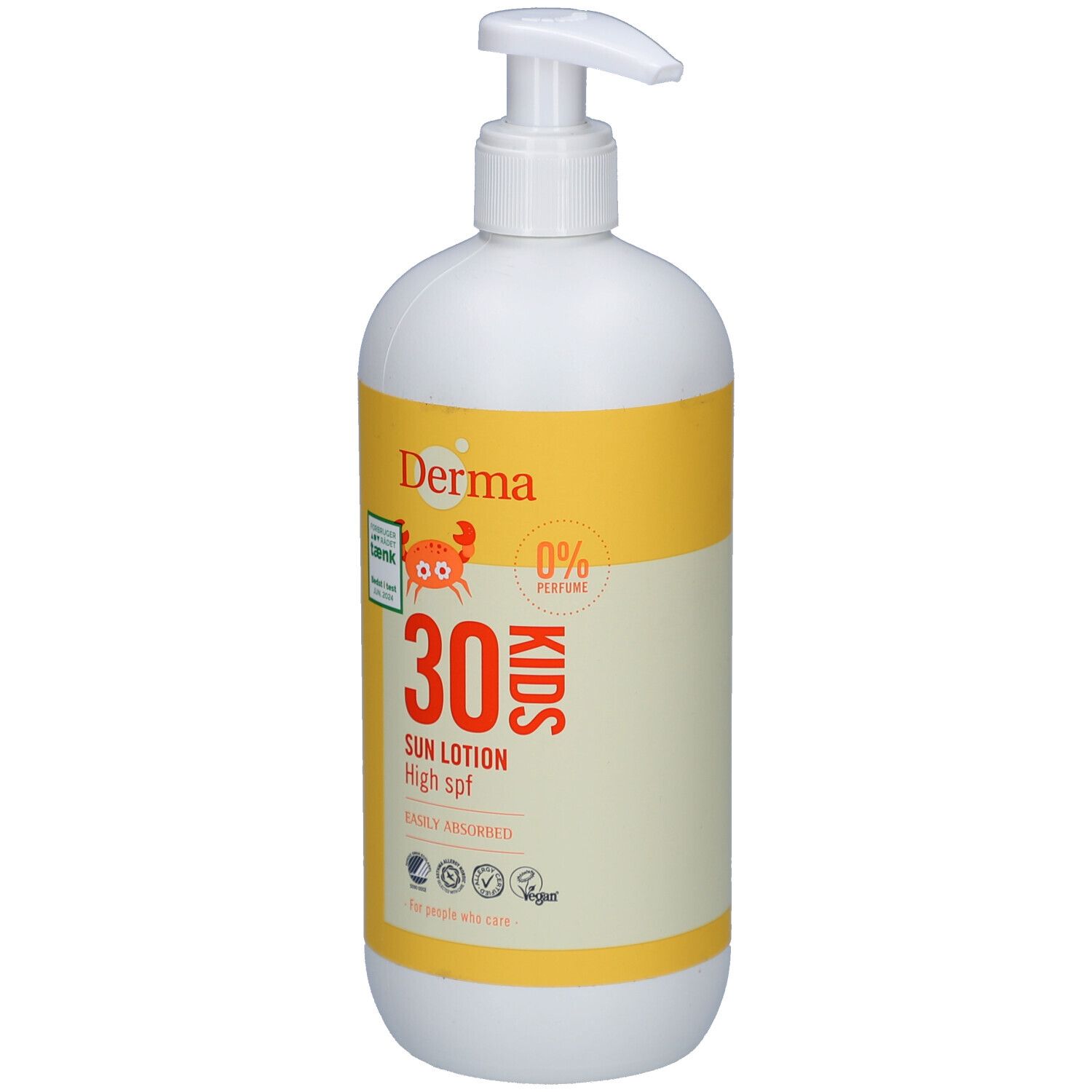 Witte fles met geel etiket. Opschrift: Derma, 30 KIDS SUN LOTION High spf. Met dispenser. Vegan.