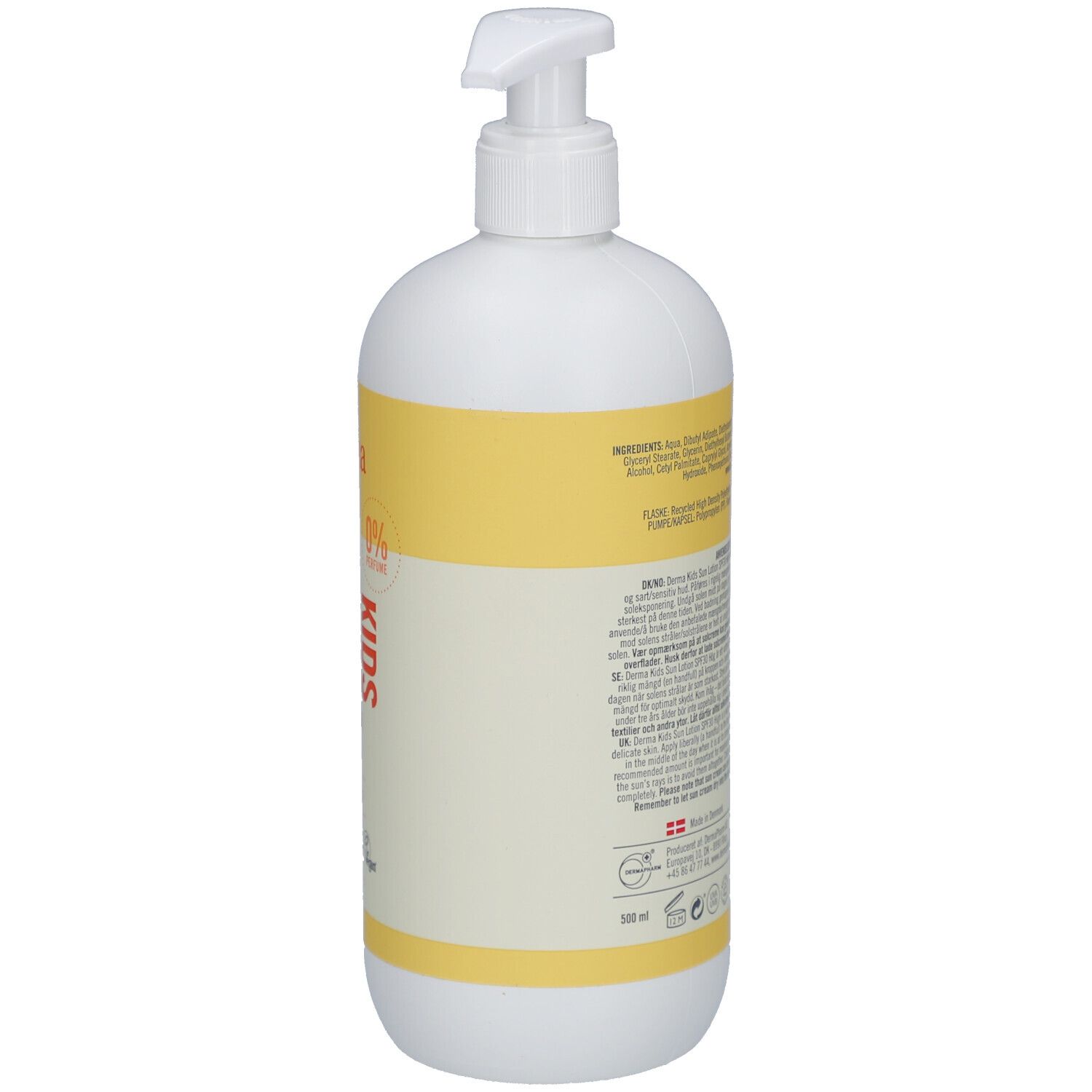 Witte fles met geel etiket. Tekst en barcode op de achterkant. Met dispenser.