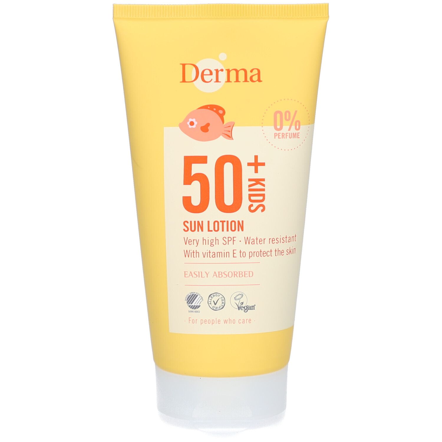 Gele tube Derma Kids Sun Lotion SPF50. Vis-illustratie. Tekst: 50+ KIDS, Sun Lotion, 0% Parfum. Waterbestendig.