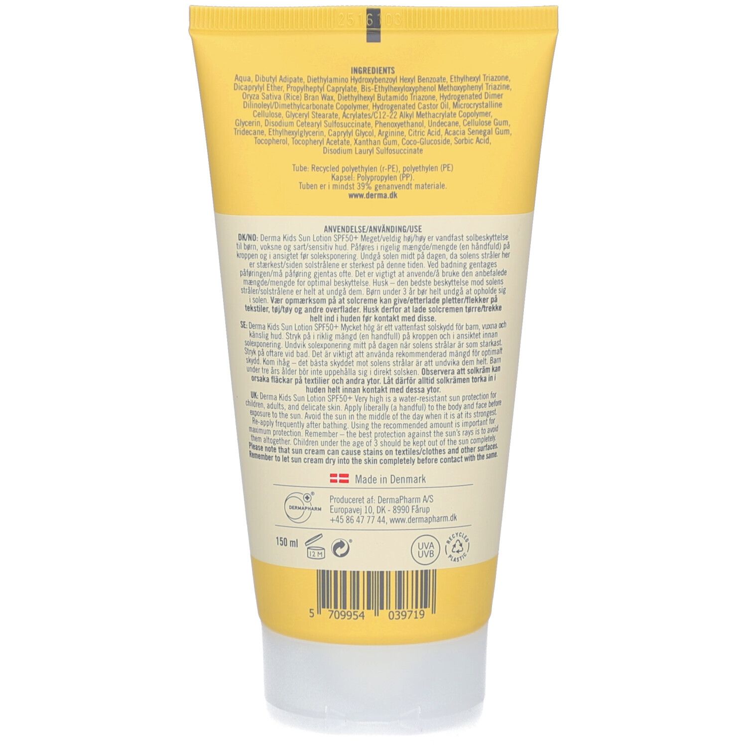 Achterkant van de gele tube. Bevat ingrediënten, gebruiksaanwijzing en fabrikantinfo. Gemaakt in Denemarken.