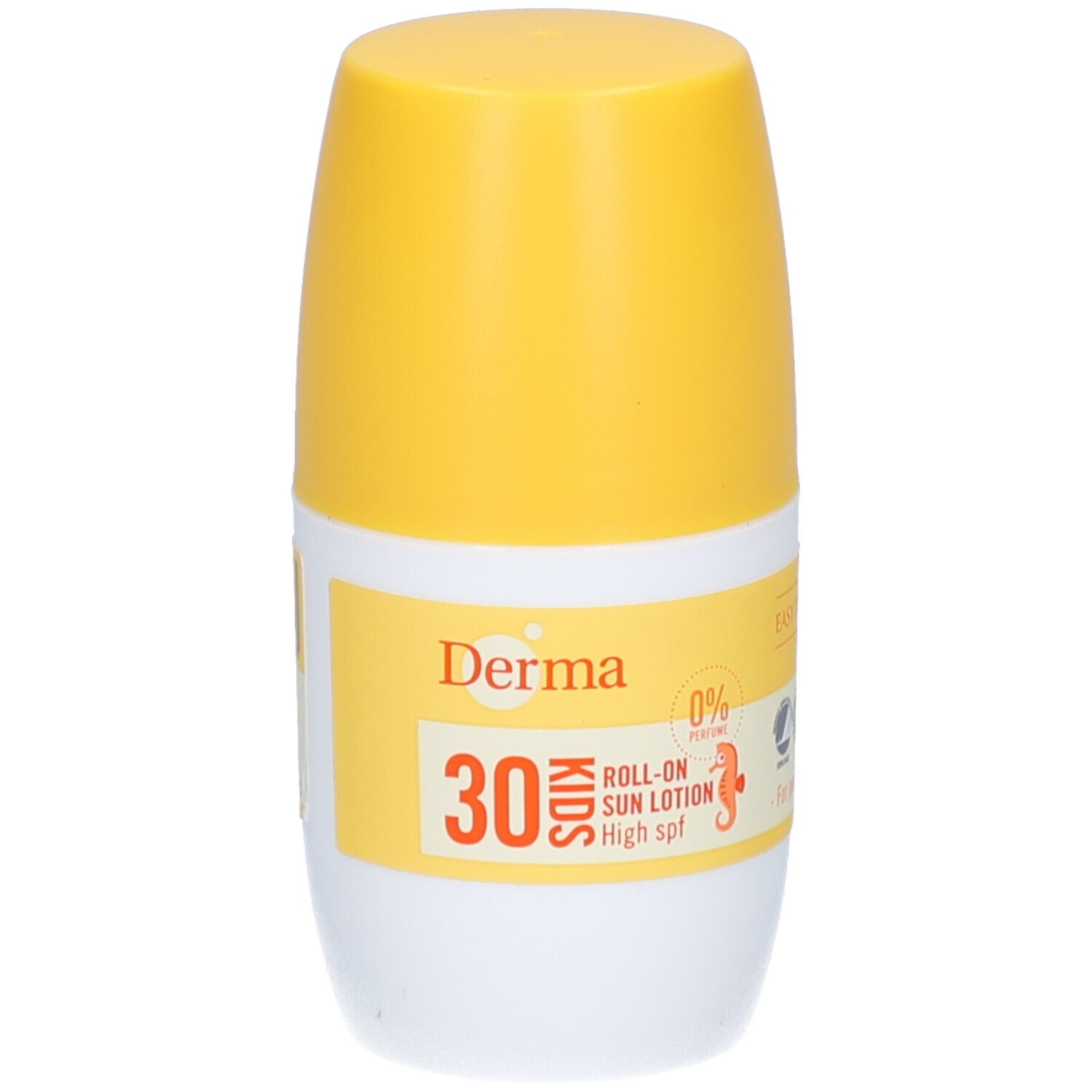 Roll-on zonnebrandlotion voor kinderen. Witte en gele fles met productnaam en SPF 30. Derma-logo en woord "Kids".