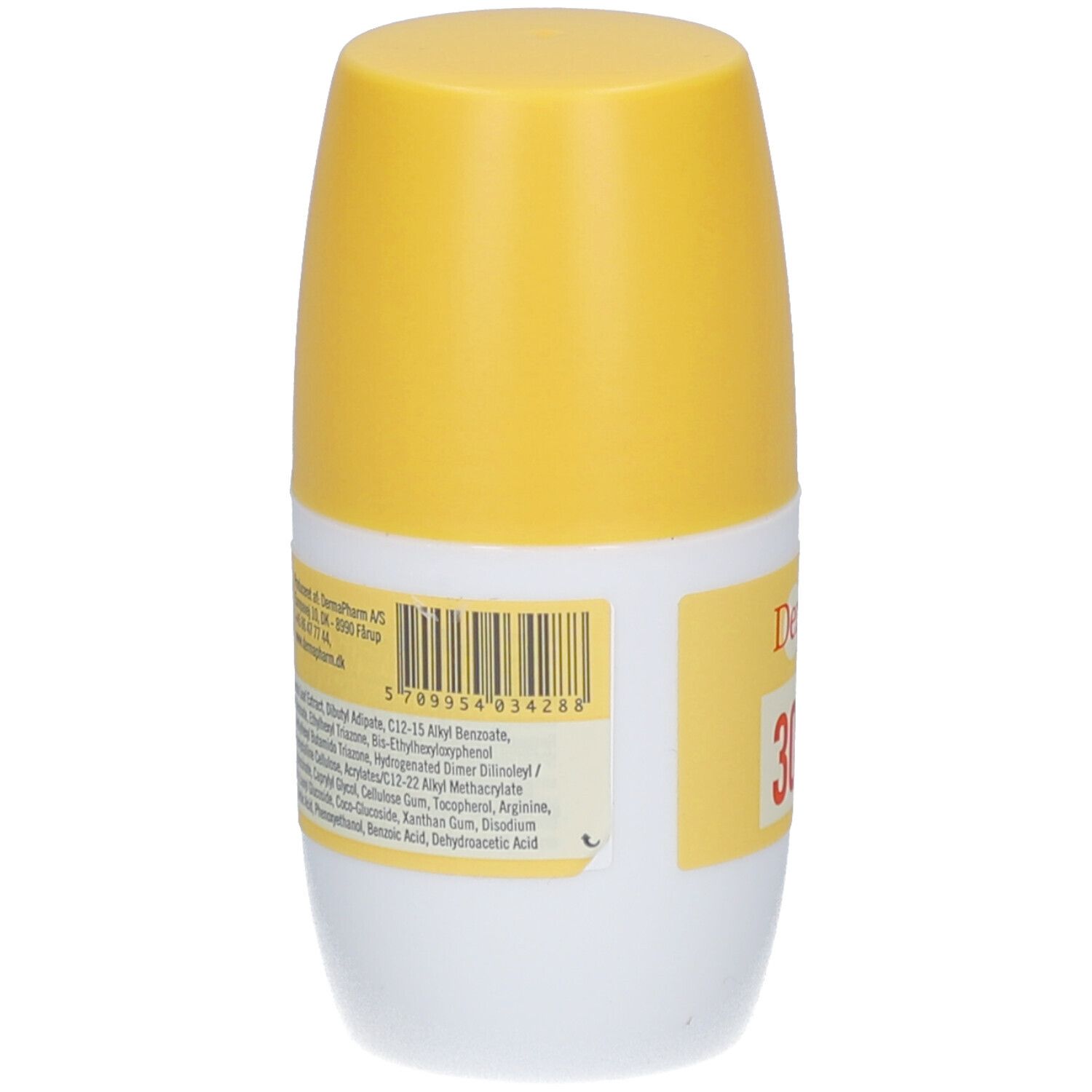 Achterkant van de roll-on zonnebrandlotion. Bevat barcode, ingrediënten en productinformatie. Witte en gele fles.
