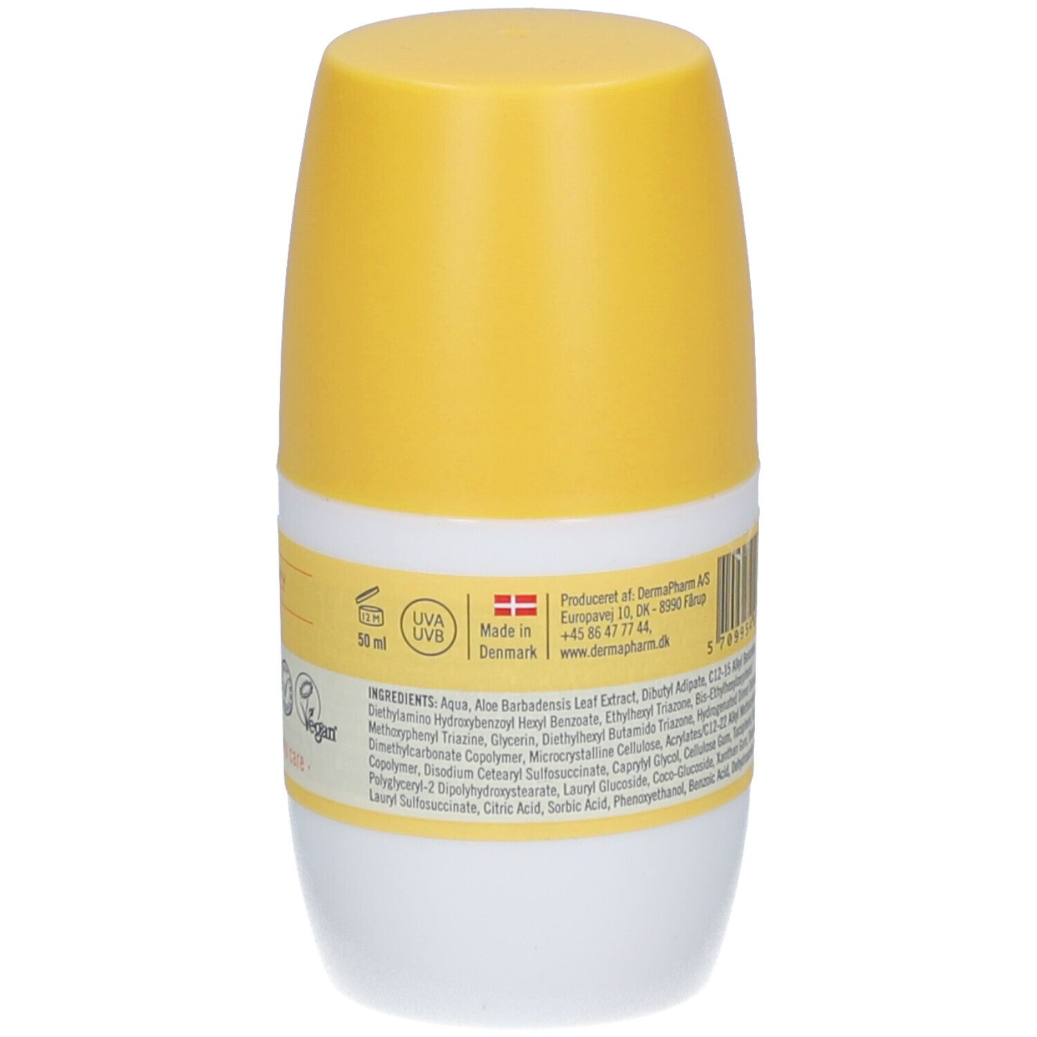 Achterkant van de roll-on zonnebrandlotion. Bevat ingrediënten, productie-informatie en logo's. Witte en gele fles.