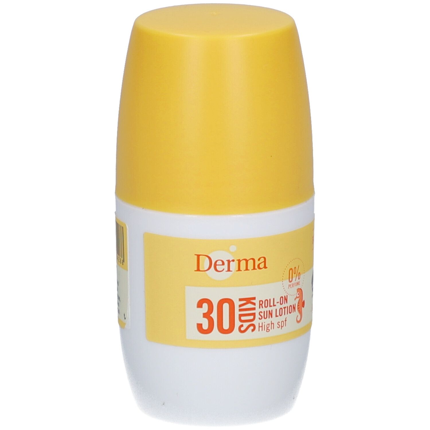 Roll-on zonnebrandlotion voor kinderen. Witte en gele fles met productnaam en SPF 30. Derma-logo en woord "Kids".