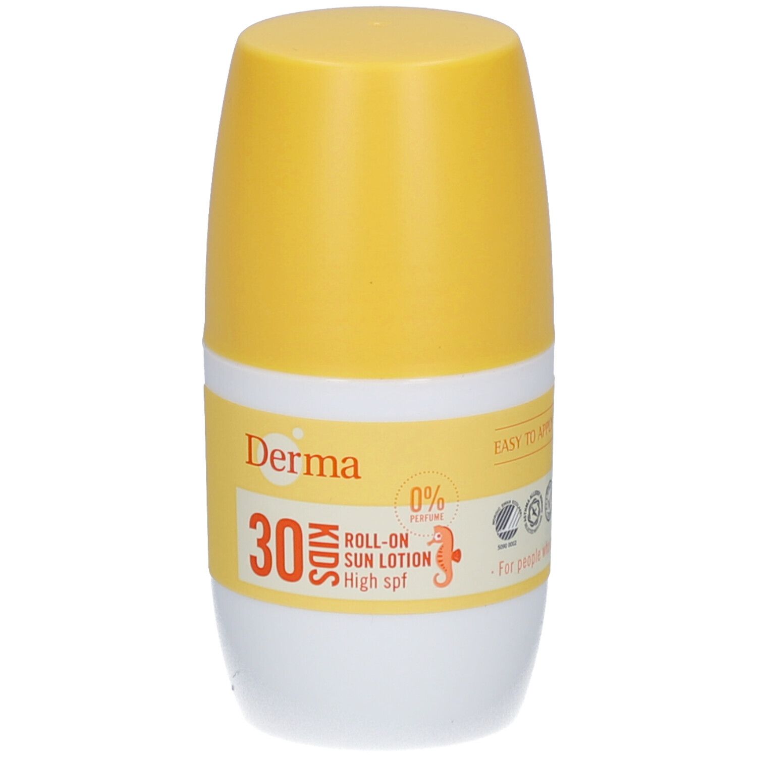 Roll-on zonnebrandlotion voor kinderen. Witte en gele fles met productnaam en SPF 30. Derma-logo en woord "Kids".