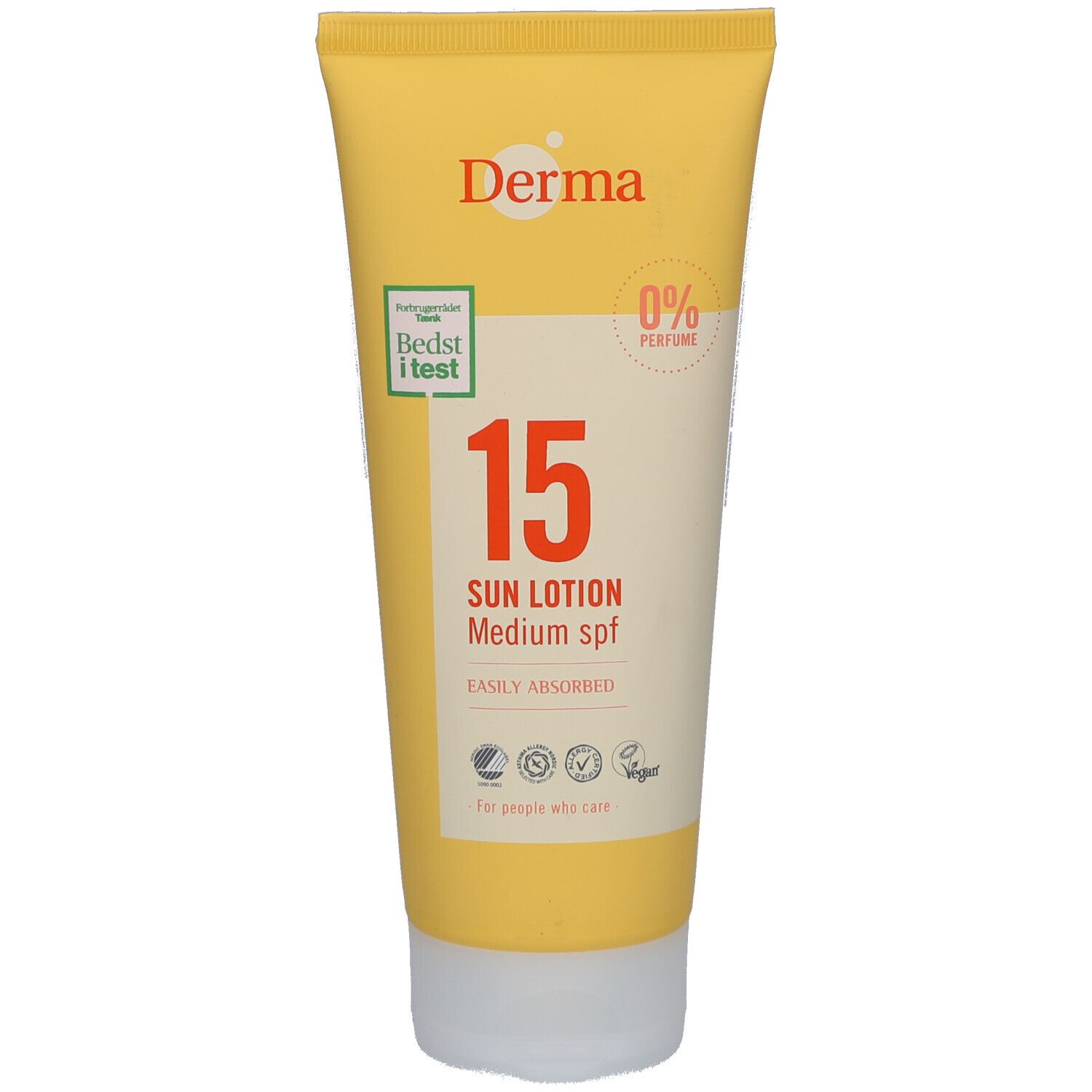 Gele tube met witte dop. Opschrift "Derma" en "15 Sun Lotion". Groen-wit zegel "Bedst i test".