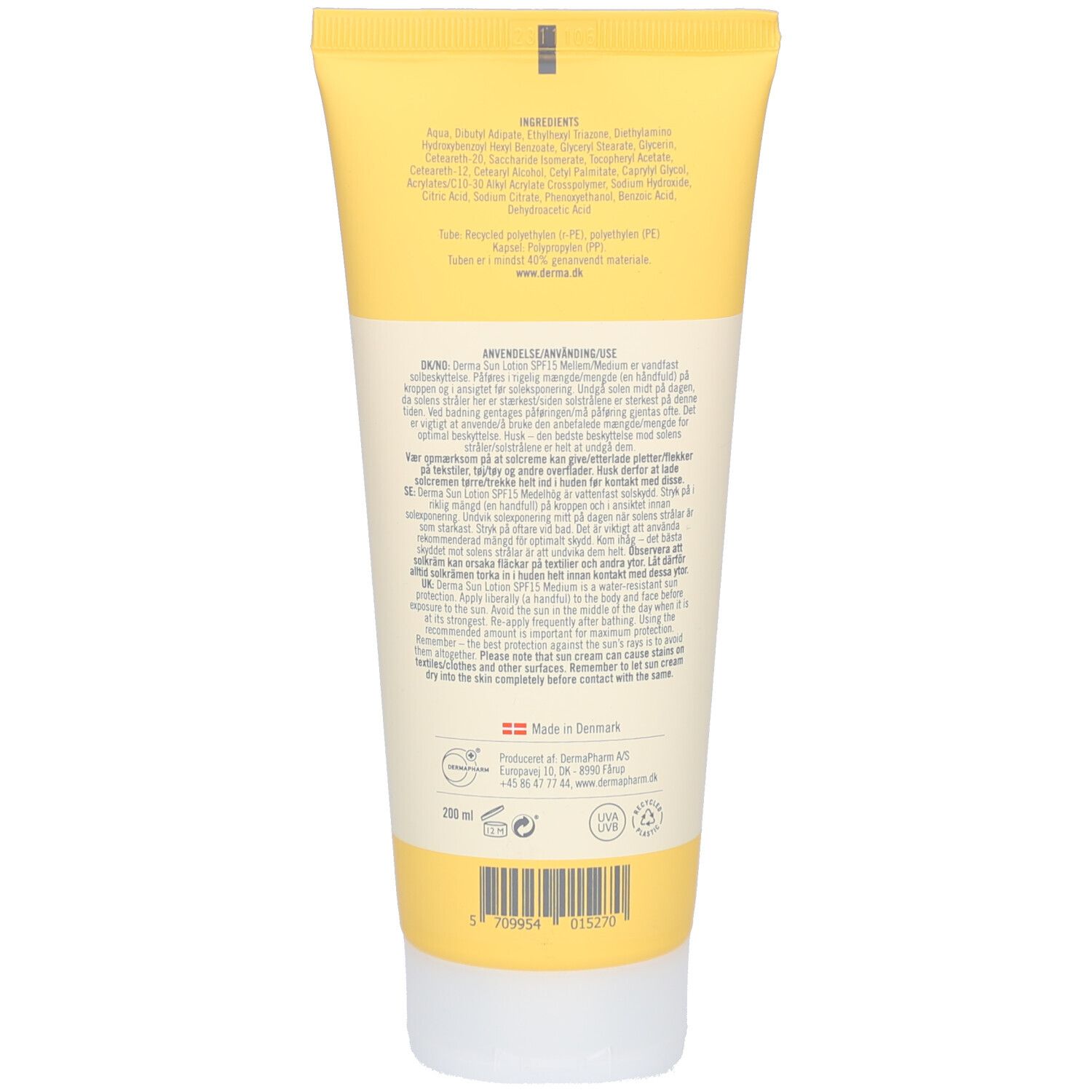 Achterkant van de gele tube. Tekst in meerdere talen. Bevat ingrediënten, gebruiksaanwijzing en herkomst.