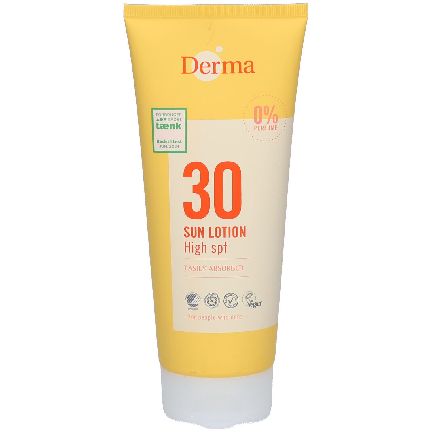 Gele tube met rode tekst "30 Sun Lotion High spf". "Derma" logo bovenaan. "0% Perfume" en veganistisch label.