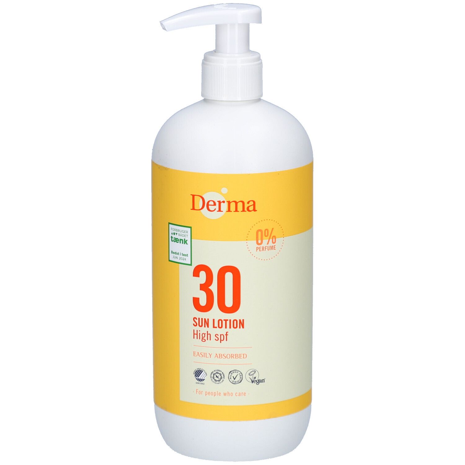 Witte fles met geel etiket. Opschrift: Derma, 30 Sun Lotion High spf. Met dispenser. Vegan.