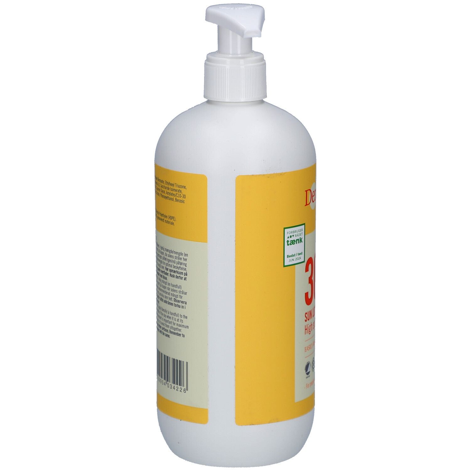 Witte fles met geel etiket. Opschrift en barcode. Met dispenser.