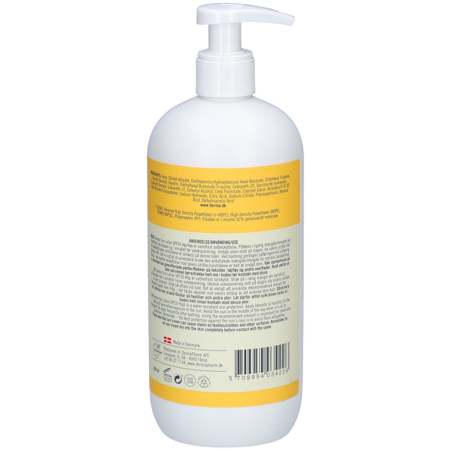 Witte fles met geel etiket. Opschrift en barcode. Met dispenser.