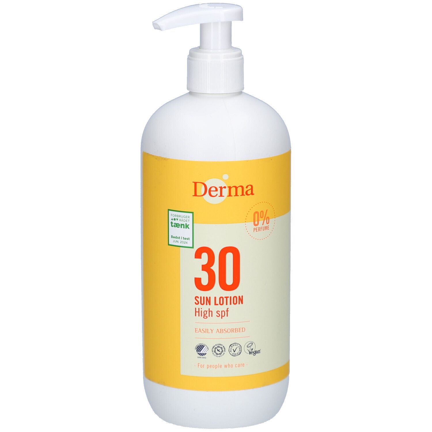 Witte fles met geel etiket. Opschrift: Derma, 30 Sun Lotion High spf. Met dispenser. Vegan.
