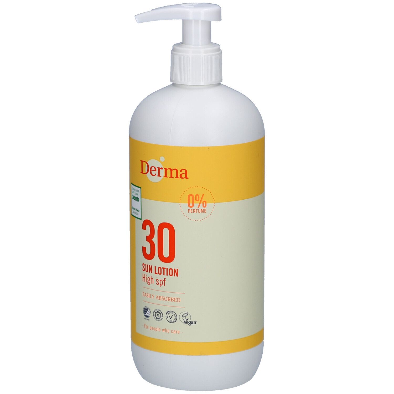 Witte fles met geel etiket. Opschrift: Derma, 30 Sun Lotion High spf. Met dispenser. Vegan.