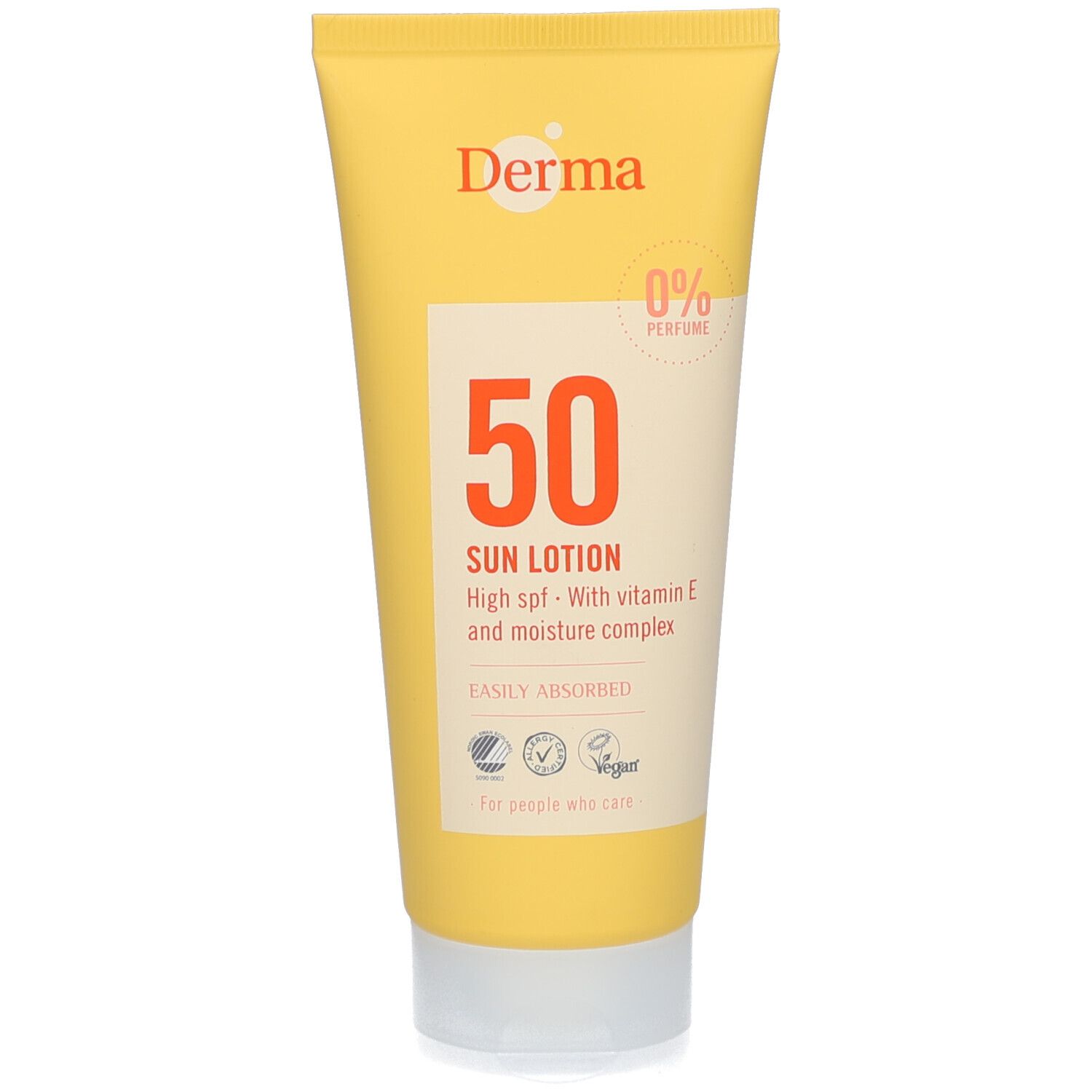 Gele tube met Derma Sun Lotion SPF50. Met vitamine E. Vegan. 0% parfum. Witte dop.