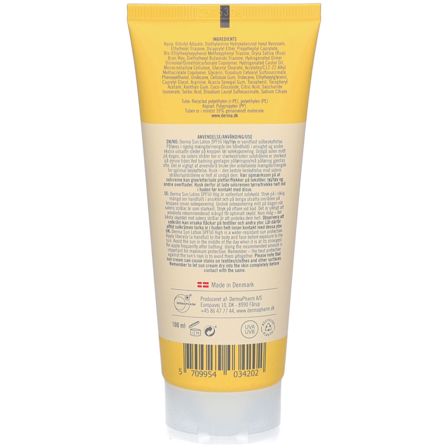 Achterkant gele Derma Sun Lotion tube. Bevat ingrediënten, instructies en herkomst. 100 ml.