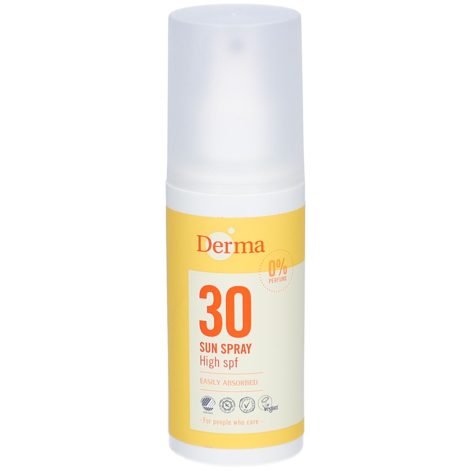 Zonnebrandsprayfles met geel etiket. Opschrift: Derma, 30, Sun Spray High spf. Met dop.