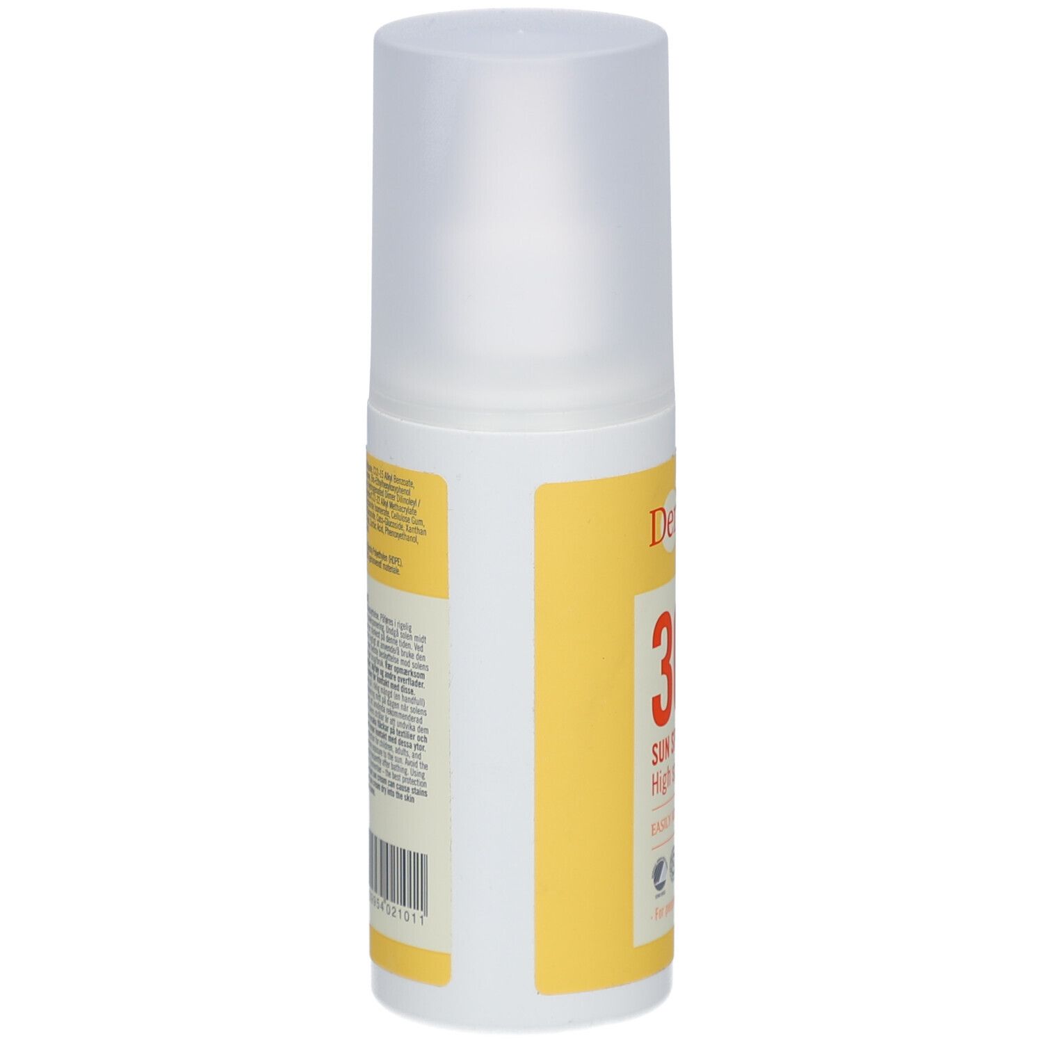 Zonnebrandsprayfles, achterkant met tekst. Geel etiket met ingrediënten en fabrikantinformatie.