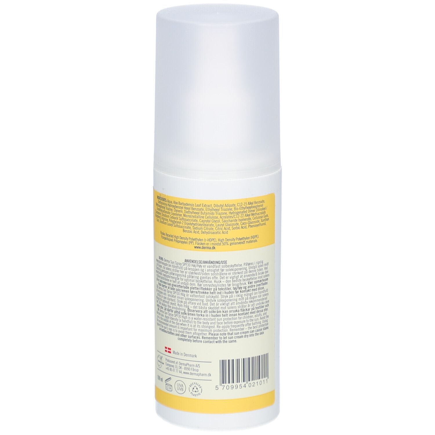 Achteraanzicht van de zonnebrandsprayfles. Geel etiket met ingrediënten, fabrikantinformatie en barcode.