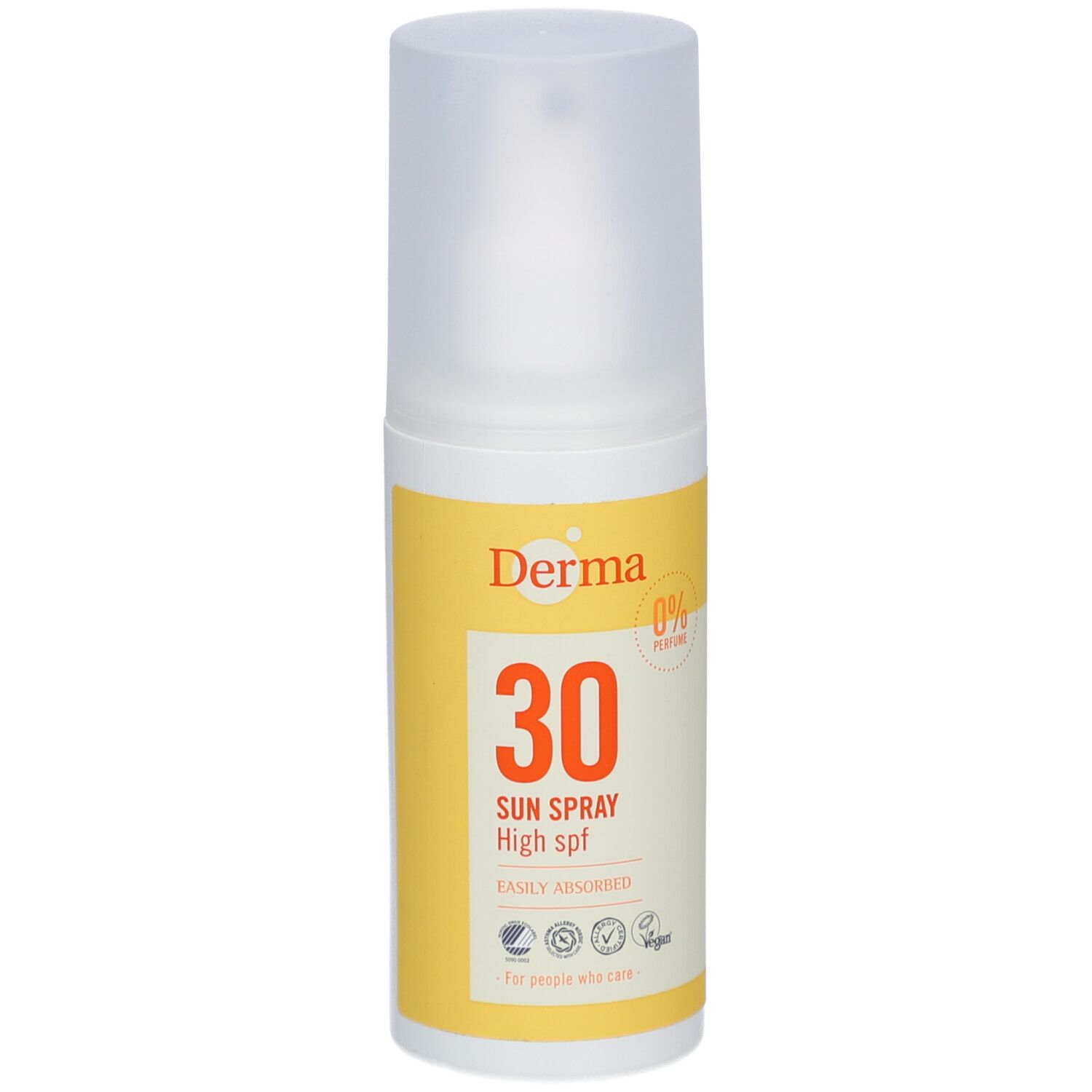 Zonnebrandsprayfles met geel etiket. Opschrift: Derma, 30, Sun Spray High spf. Met dop.
