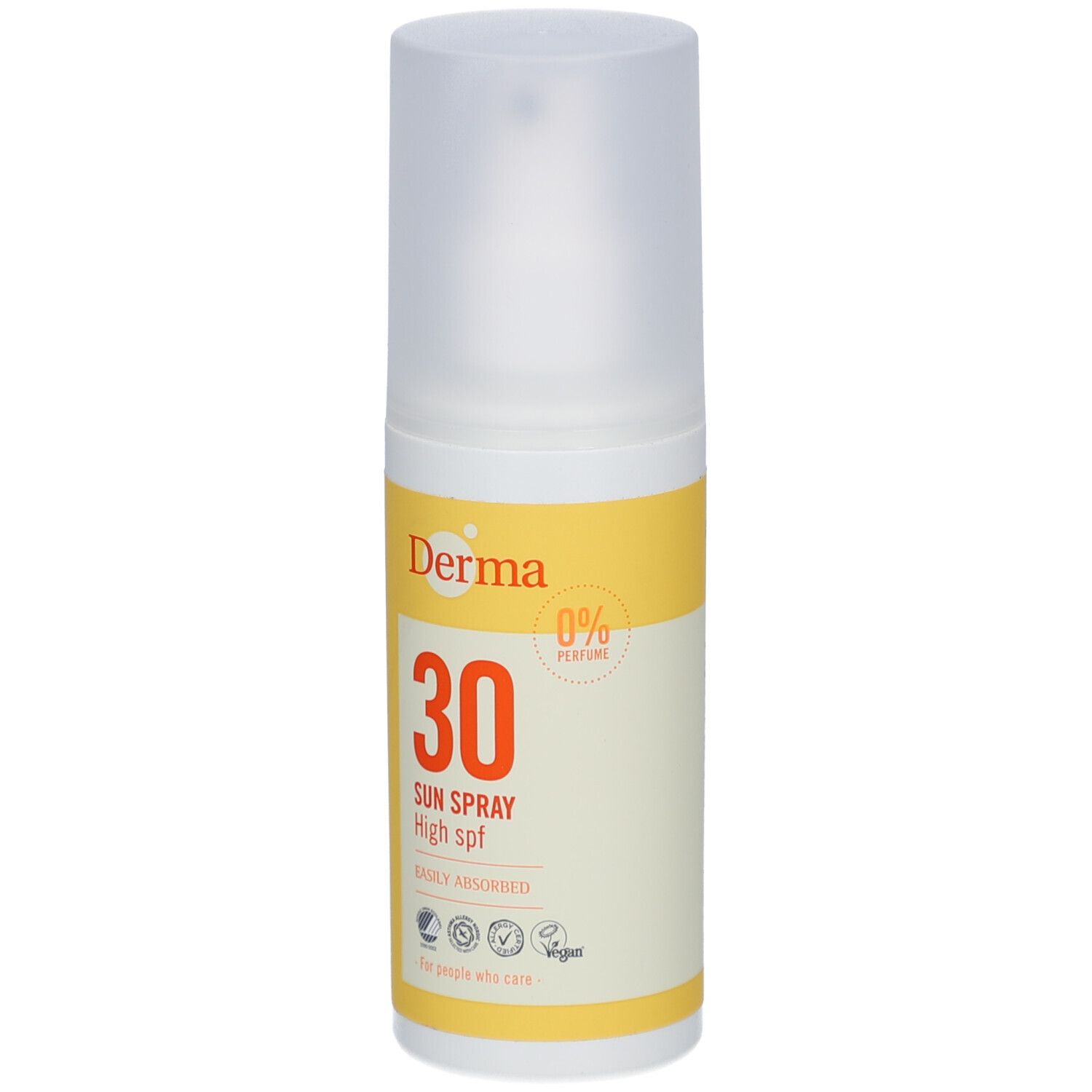 Zonnebrandsprayfles met geel etiket. Opschrift: Derma, 30, Sun Spray High spf. Met dop.