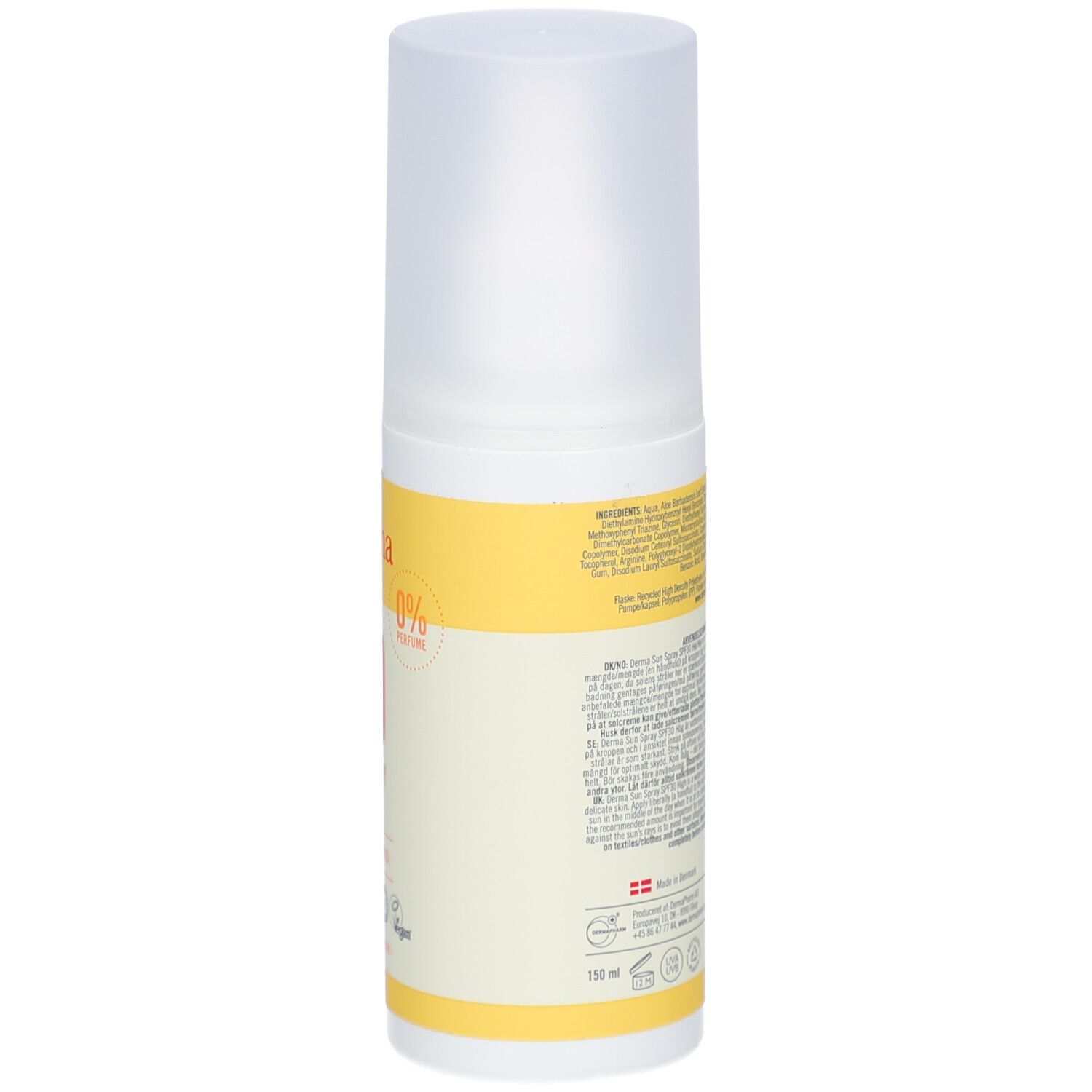 Achteraanzicht van de zonnebrandsprayfles. Geel etiket met ingrediënten, fabrikantinformatie en barcode.