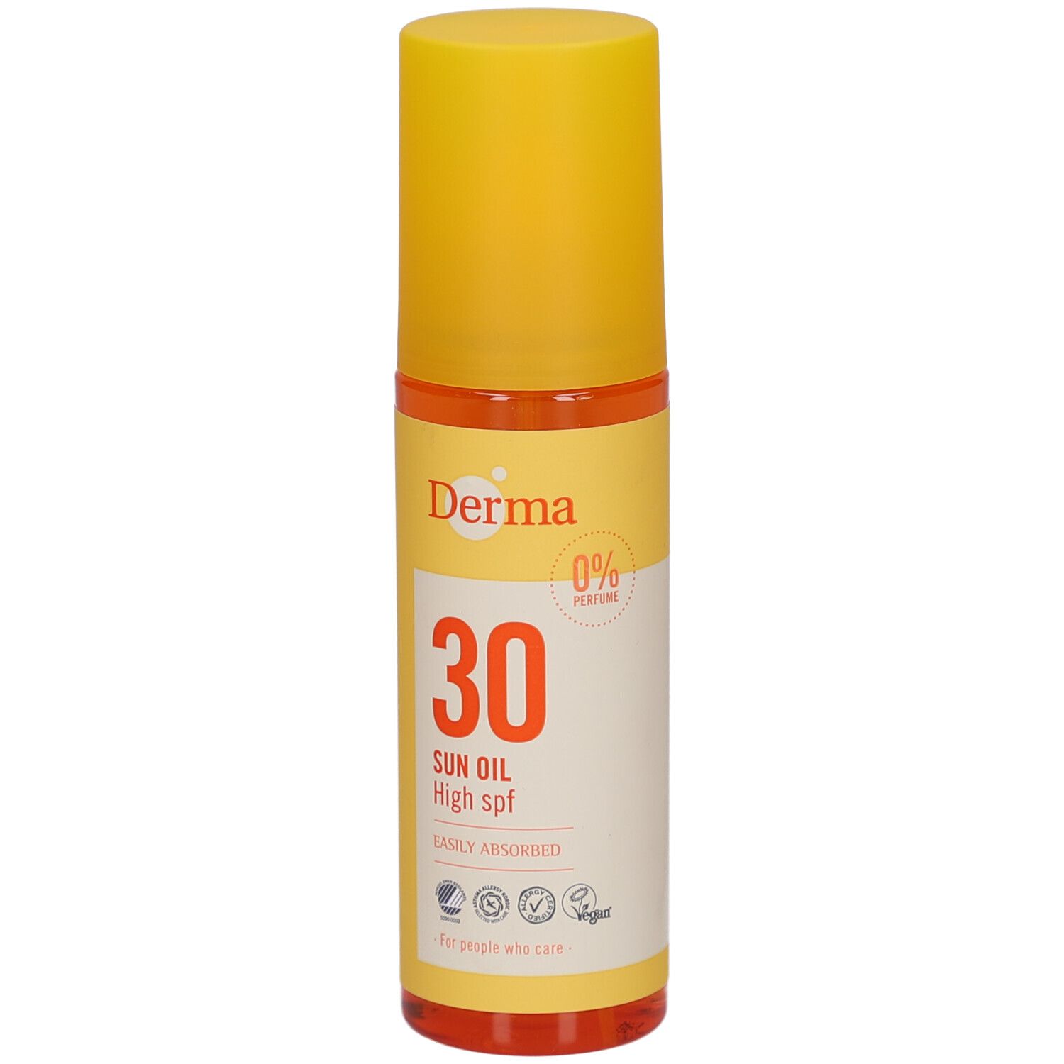Cilindrische fles met gele dop. Opschrift: Derma, 30, Sun Oil High spf. 0% Parfum. Vegan-zegel.