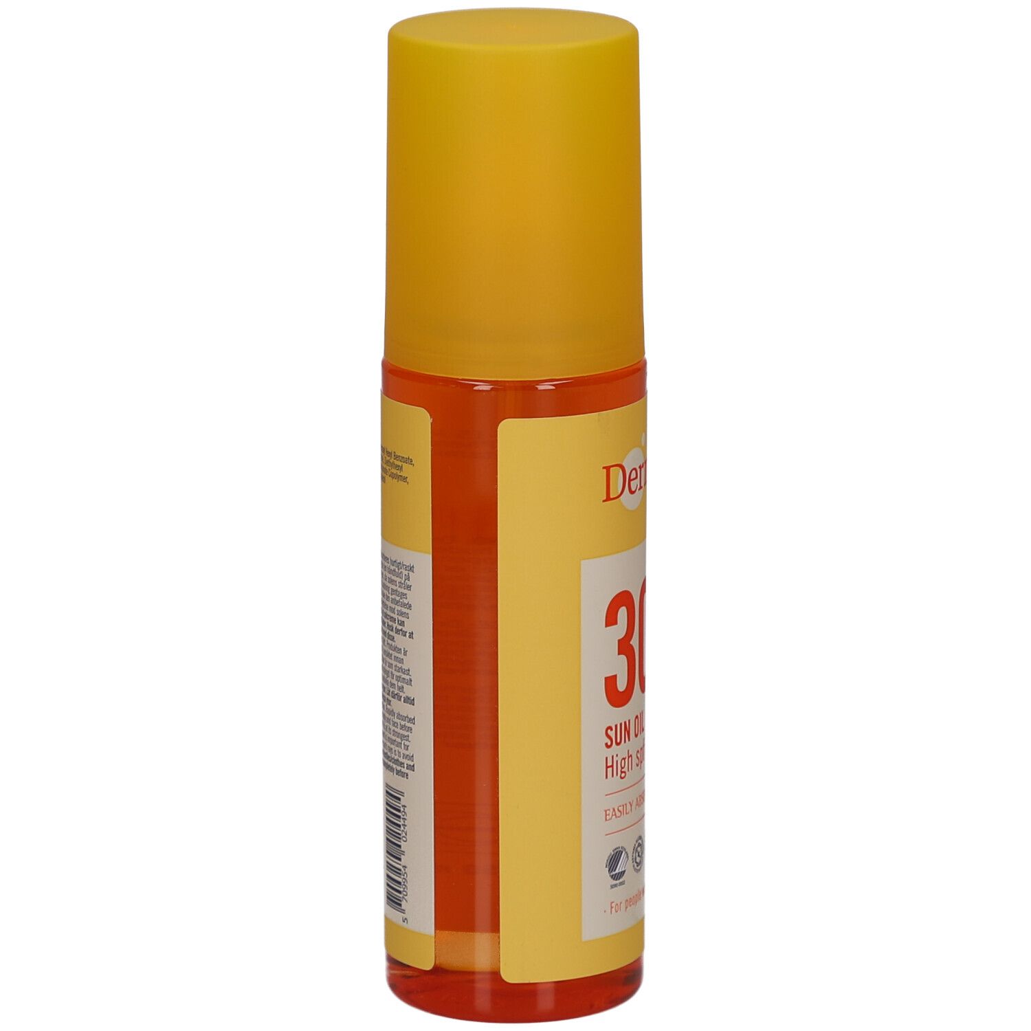 Cilindrische fles met gele dop. Opschrift en tekst op etiket. Zichtbare ingrediënten en fabrikantinfo.