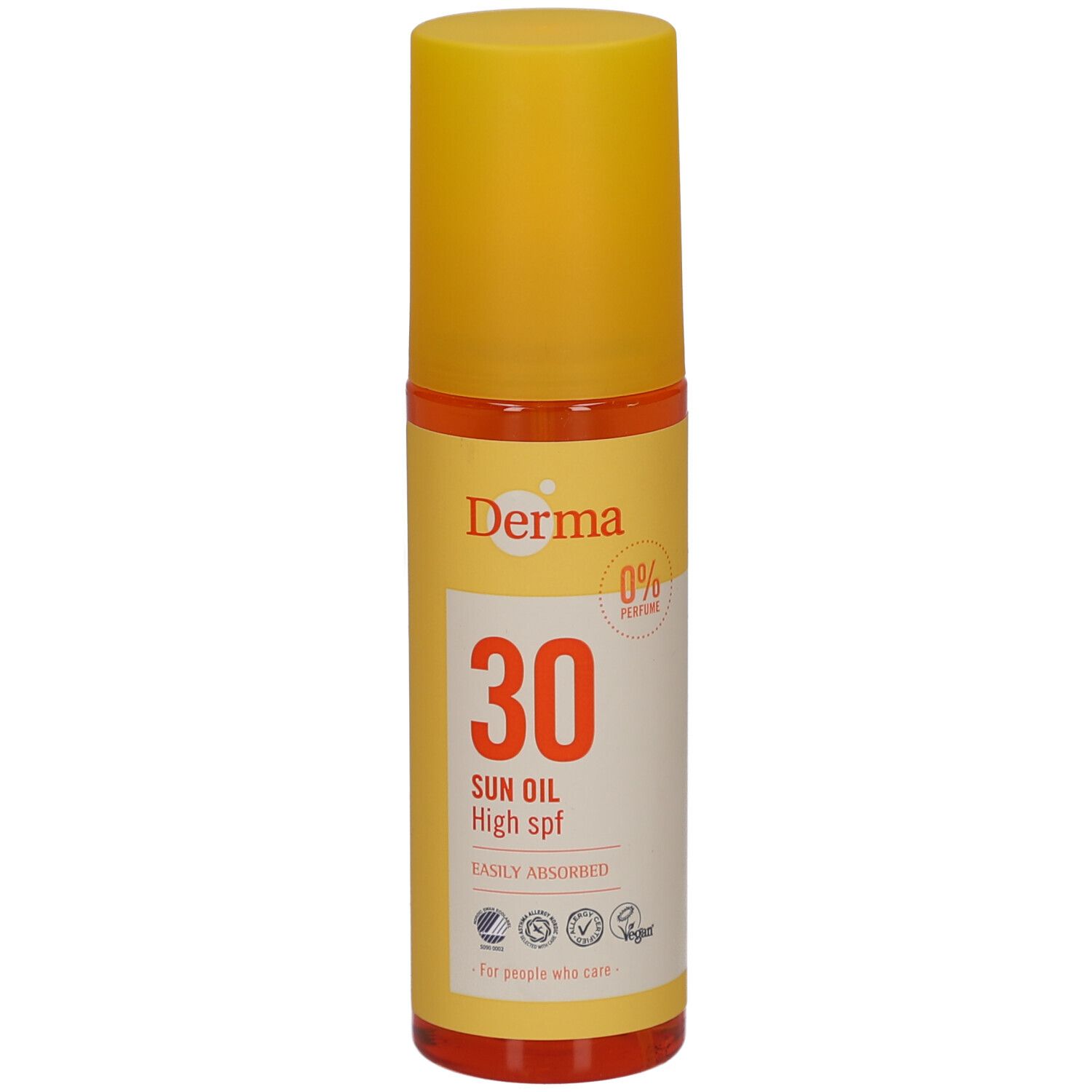 Cilindrische fles met gele dop. Opschrift: Derma, 30, Sun Oil High spf. 0% Parfum. Vegan-zegel.