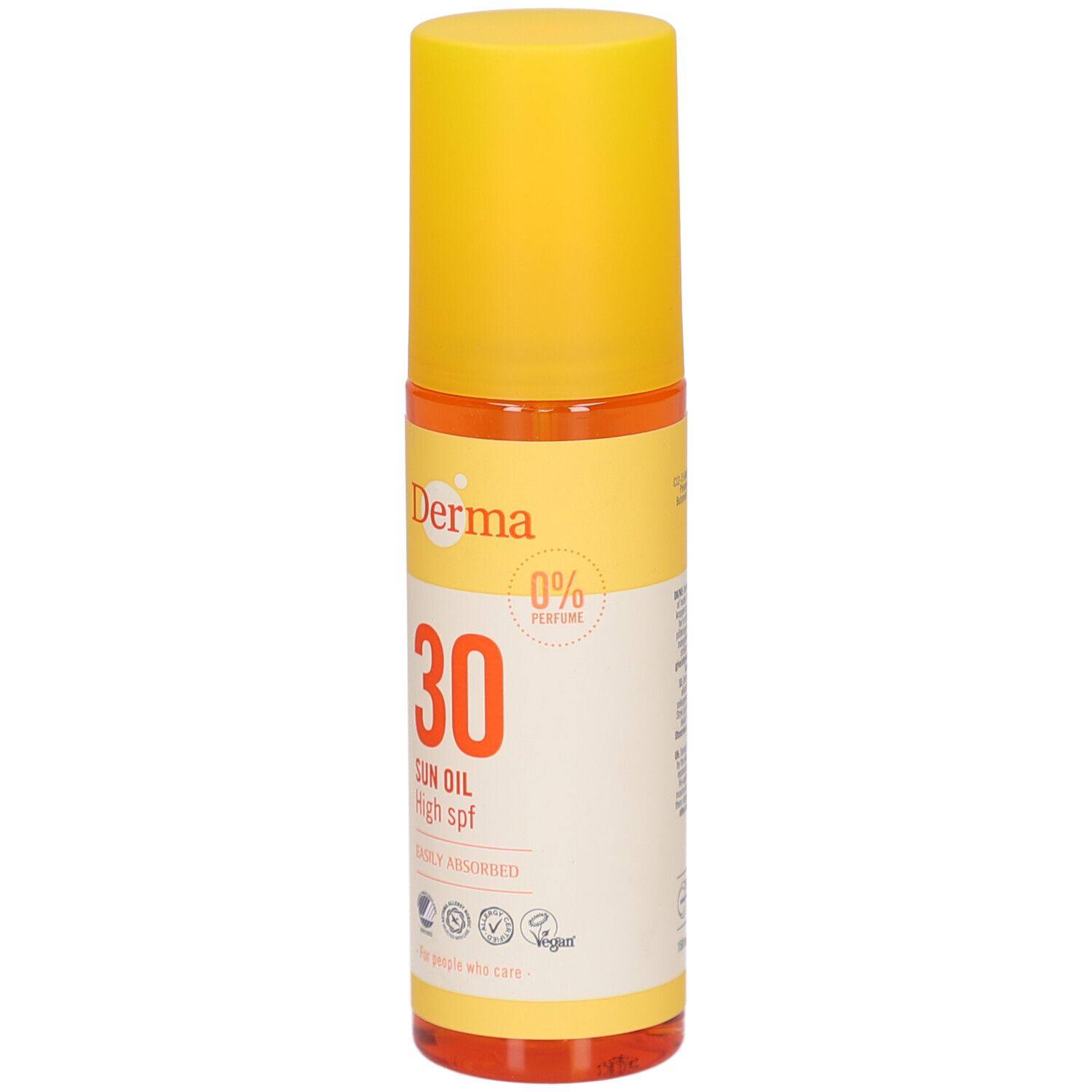 Cilindrische fles met gele dop. Opschrift: Derma, 30, Sun Oil High spf. 0% Parfum. Vegan-zegel.