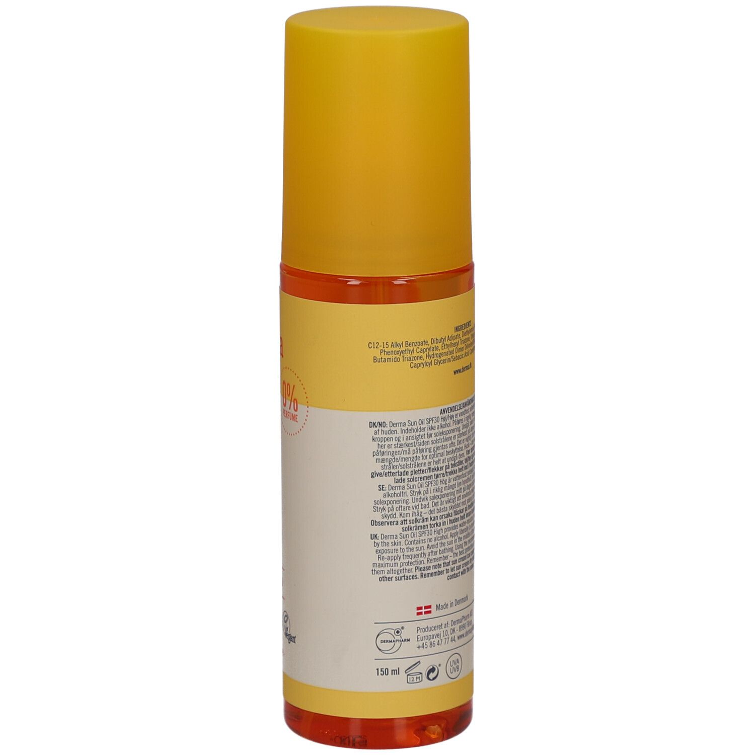 Achterkant van de fles. Tekst met ingrediënten, gebruiksaanwijzing en fabrikantinfo. Vegan-zegel.