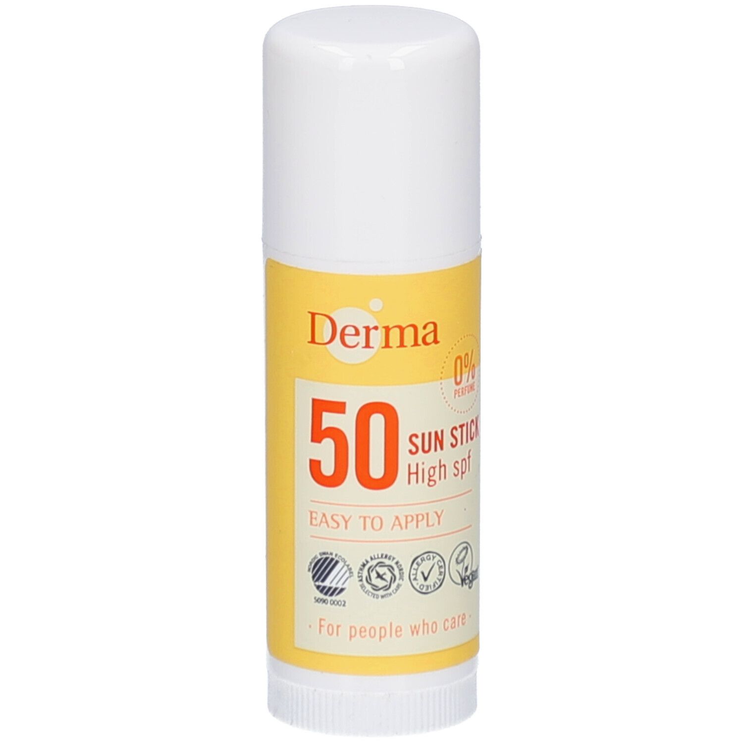 Witte zonnebrandstick met geel etiket. Opschrift: Derma, 50, Sun Stick High spf. Logo's en tekst: Easy to apply, voor mensen die geven.